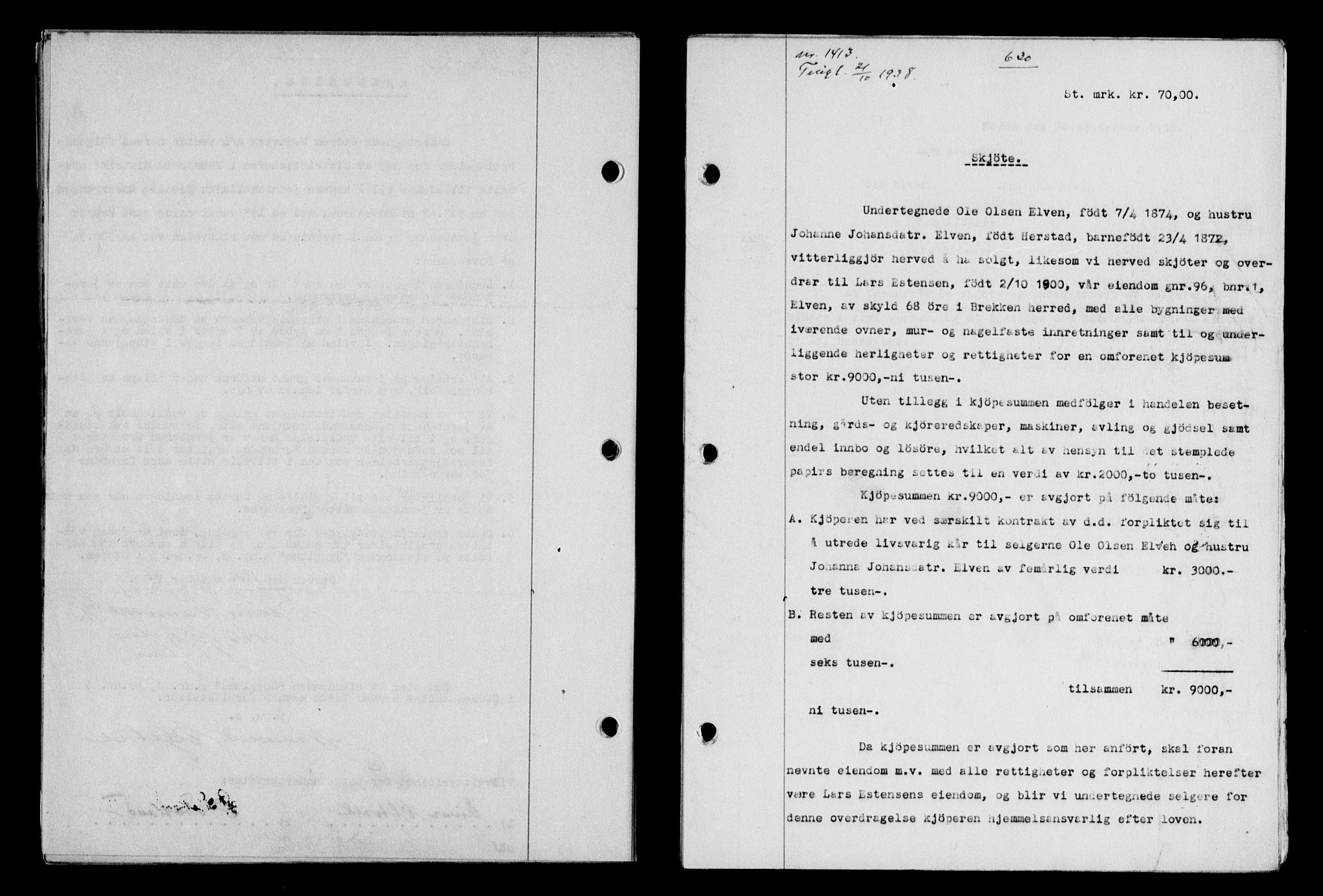 Gauldal sorenskriveri, SAT/A-0014/1/2/2C/L0049: Pantebok nr. 53, 1938-1938, Dagboknr: 1413/1938