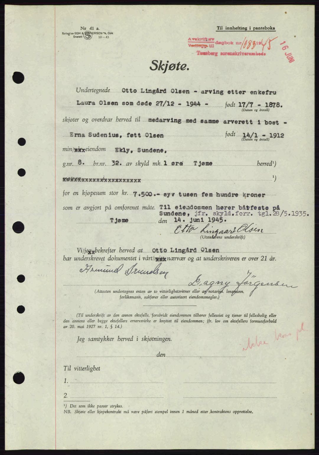 Tønsberg sorenskriveri, AV/SAKO-A-130/G/Ga/Gaa/L0017a: Pantebok nr. A17a, 1945-1945, Dagboknr: 1083/1945