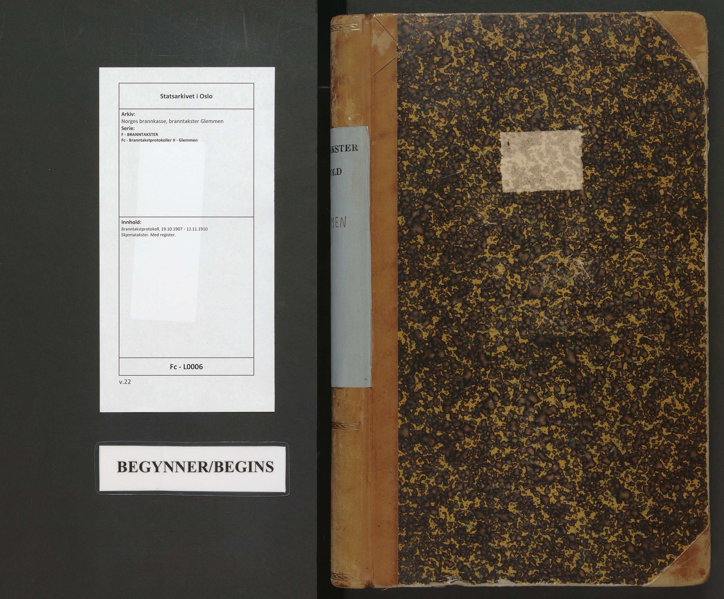 Norges brannkasse, branntakster Glemmen, AV/SAO-A-11362/F/Fc/L0006: Branntakstprotokoll, 1907-1910