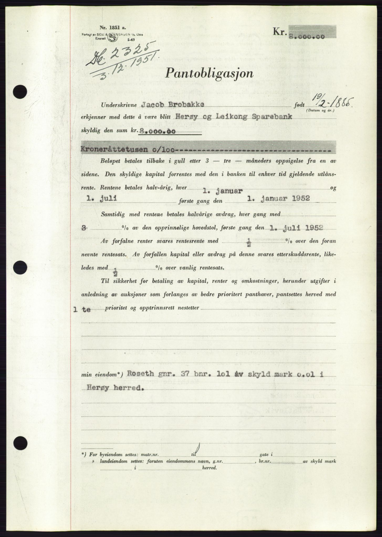 Søre Sunnmøre sorenskriveri, AV/SAT-A-4122/1/2/2C/L0120: Pantebok nr. 8B, 1951-1951, Dagboknr: 2325/1951