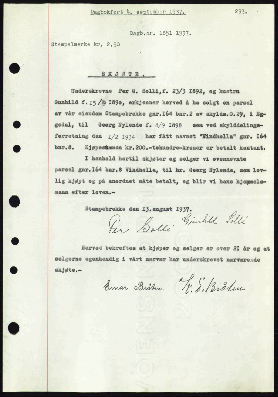 Eiker, Modum og Sigdal sorenskriveri, SAKO/A-123/G/Ga/Gab/L0036: Pantebok nr. A6, 1937-1937, Dagboknr: 1851/1937
