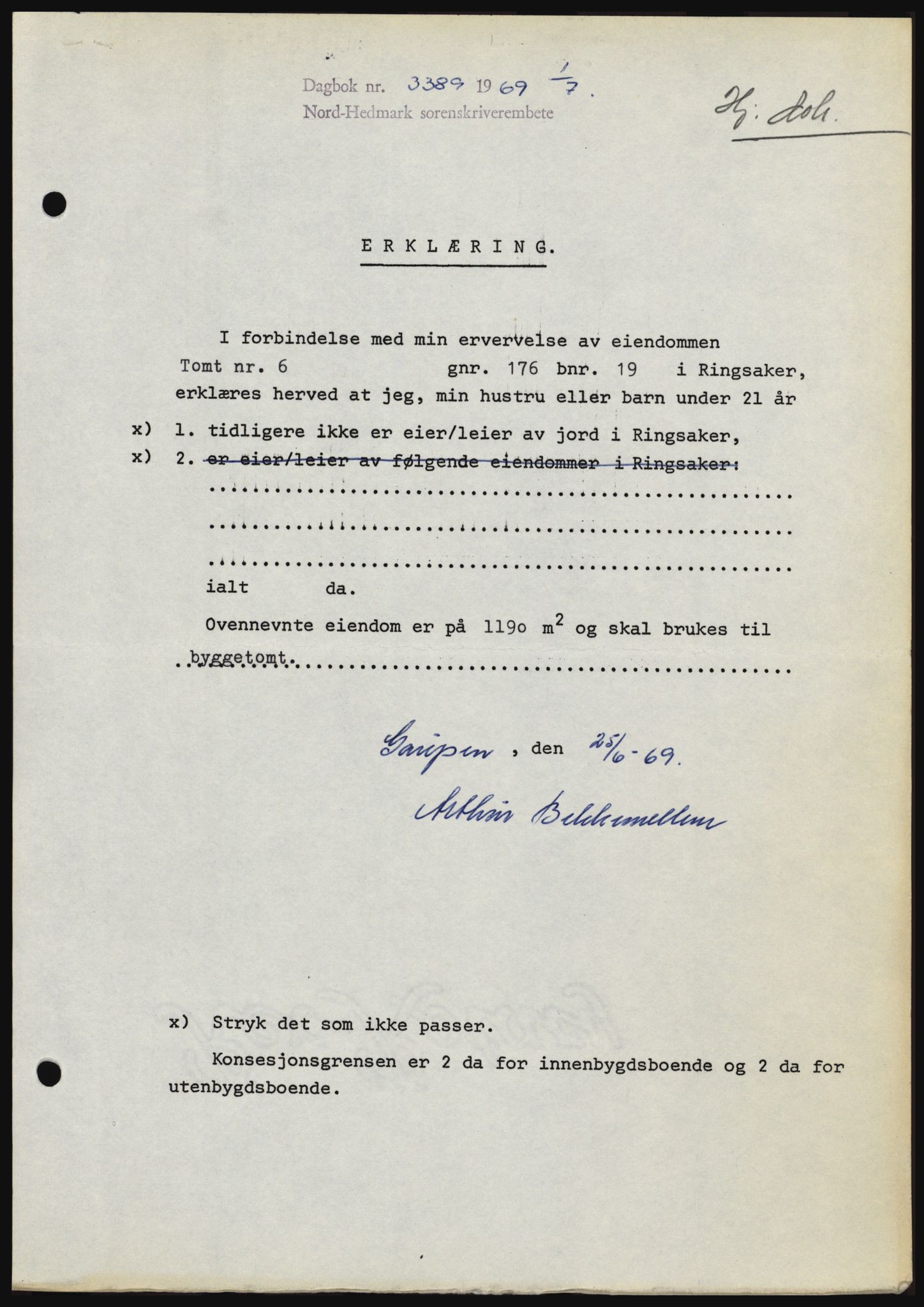 Nord-Hedmark sorenskriveri, SAH/TING-012/H/Hc/L0031: Pantebok nr. 31, 1969-1969, Dagboknr: 3389/1969