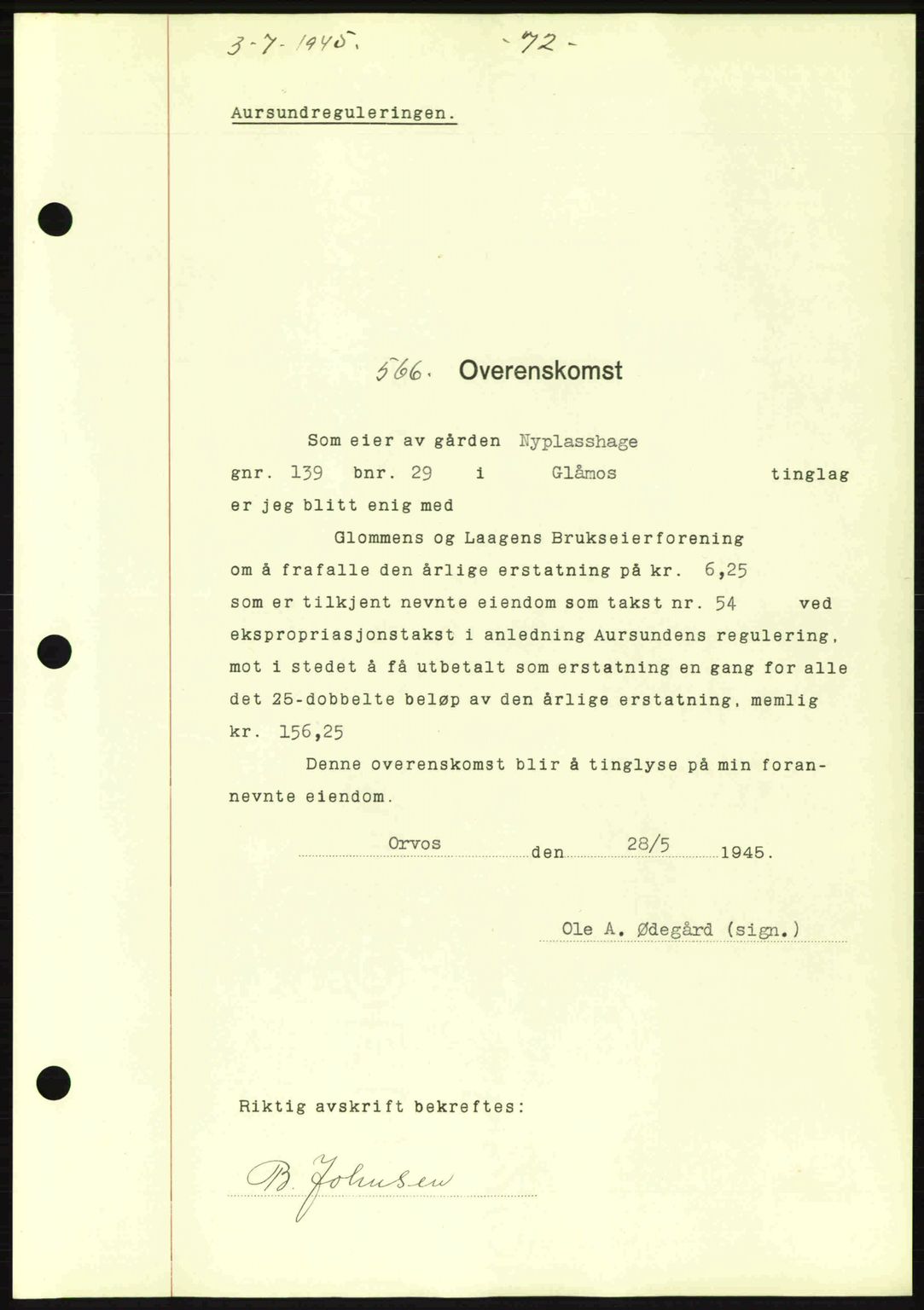 Gauldal sorenskriveri, SAT/A-0014/1/2/2C: Pantebok nr. A1a, 1945-1945, Dagboknr: 566/1945
