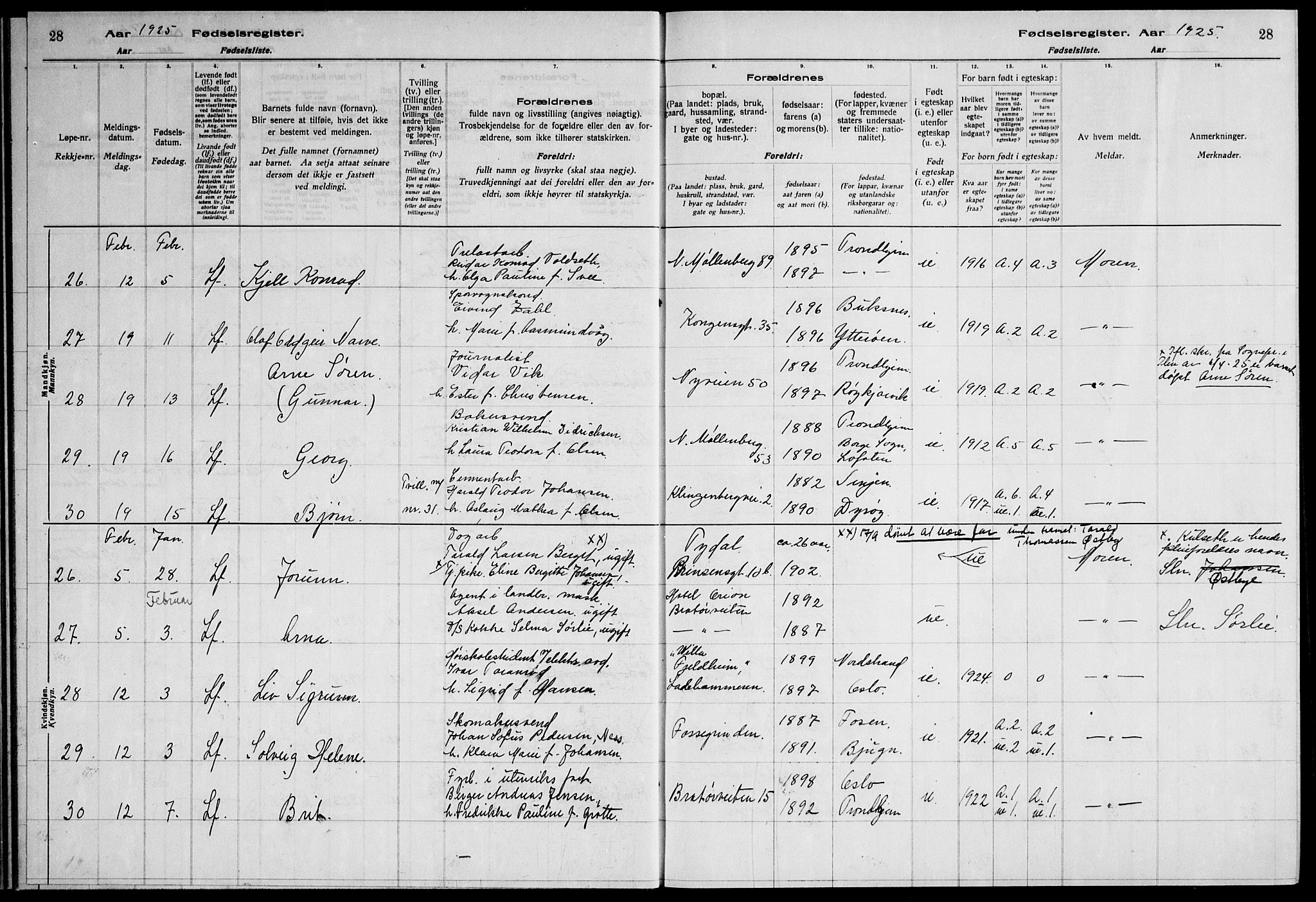 Ministerialprotokoller, klokkerbøker og fødselsregistre - Sør-Trøndelag, AV/SAT-A-1456/600/L0004: Fødselsregister nr. 600.II.4.3, 1924-1928, s. 28