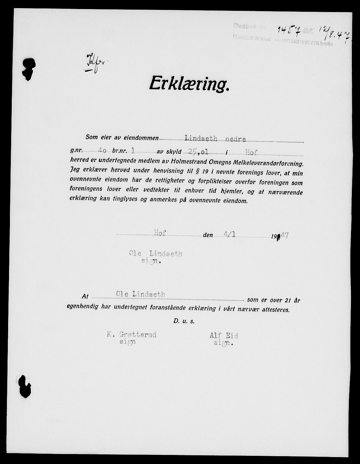 Holmestrand sorenskriveri, SAKO/A-67/G/Ga/Gaa/L0062: Pantebok nr. A-62, 1947-1947, Dagboknr: 1457/1947
