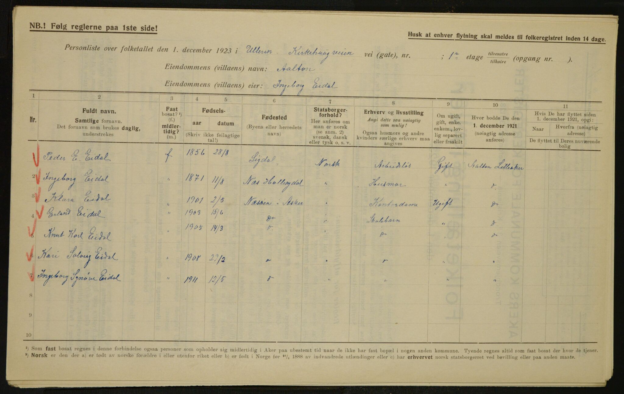 , Kommunal folketelling 1.12.1923 for Aker, 1923, s. 3281