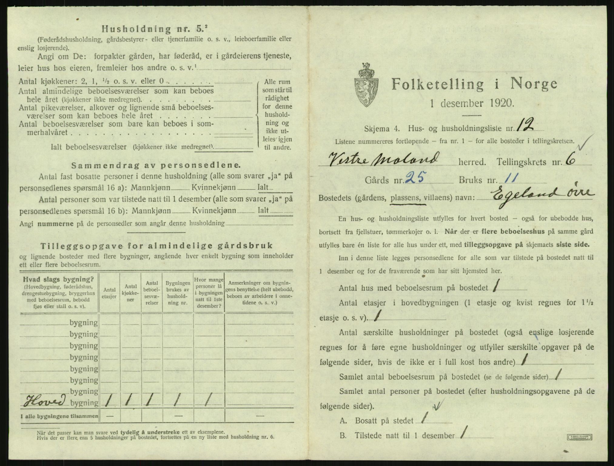 SAK, Folketelling 1920 for 0926 Vestre Moland herred, 1920, s. 841