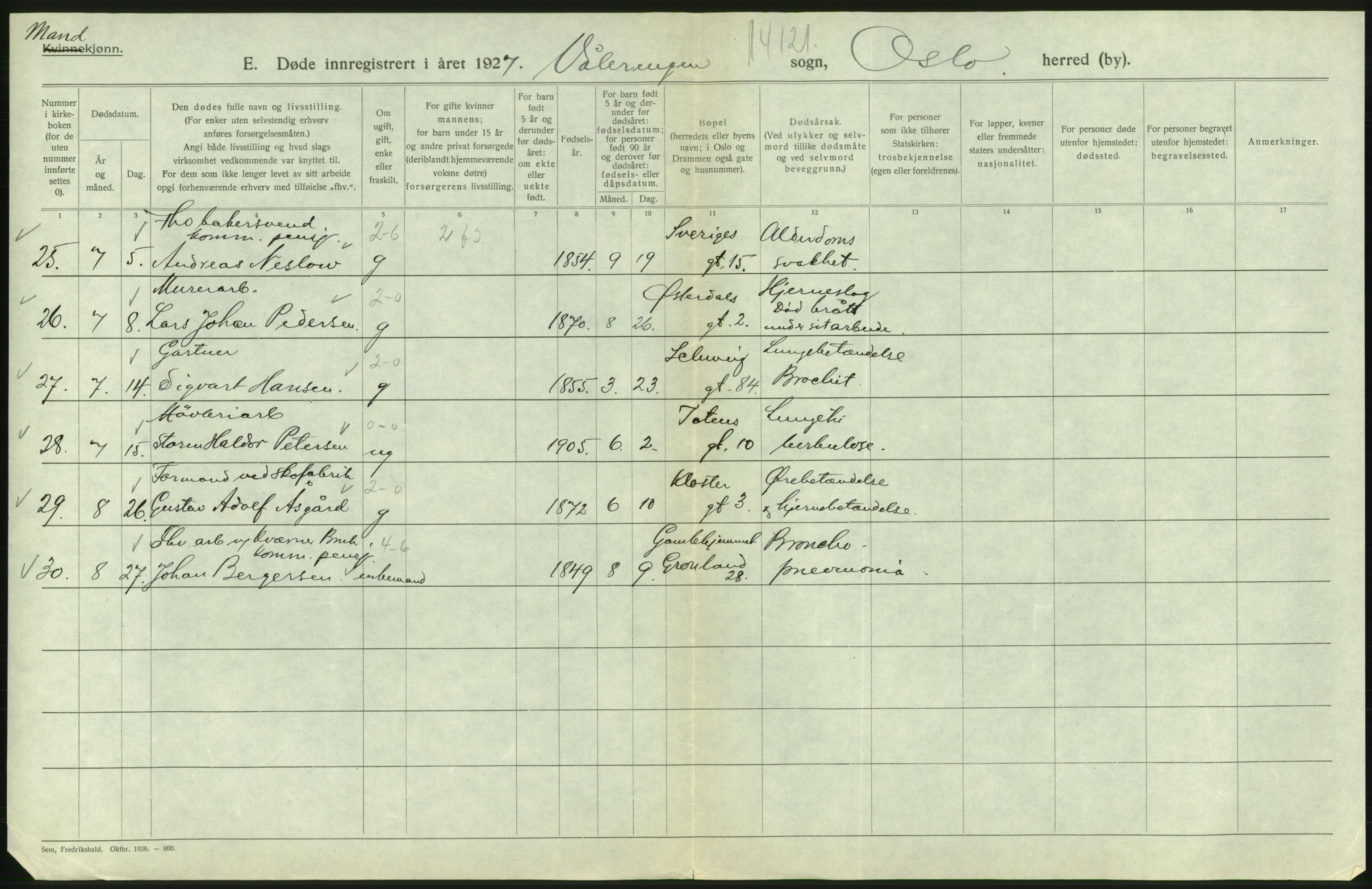 Statistisk sentralbyrå, Sosiodemografiske emner, Befolkning, AV/RA-S-2228/D/Df/Dfc/Dfcg/L0009: Oslo: Døde menn, 1927, s. 510