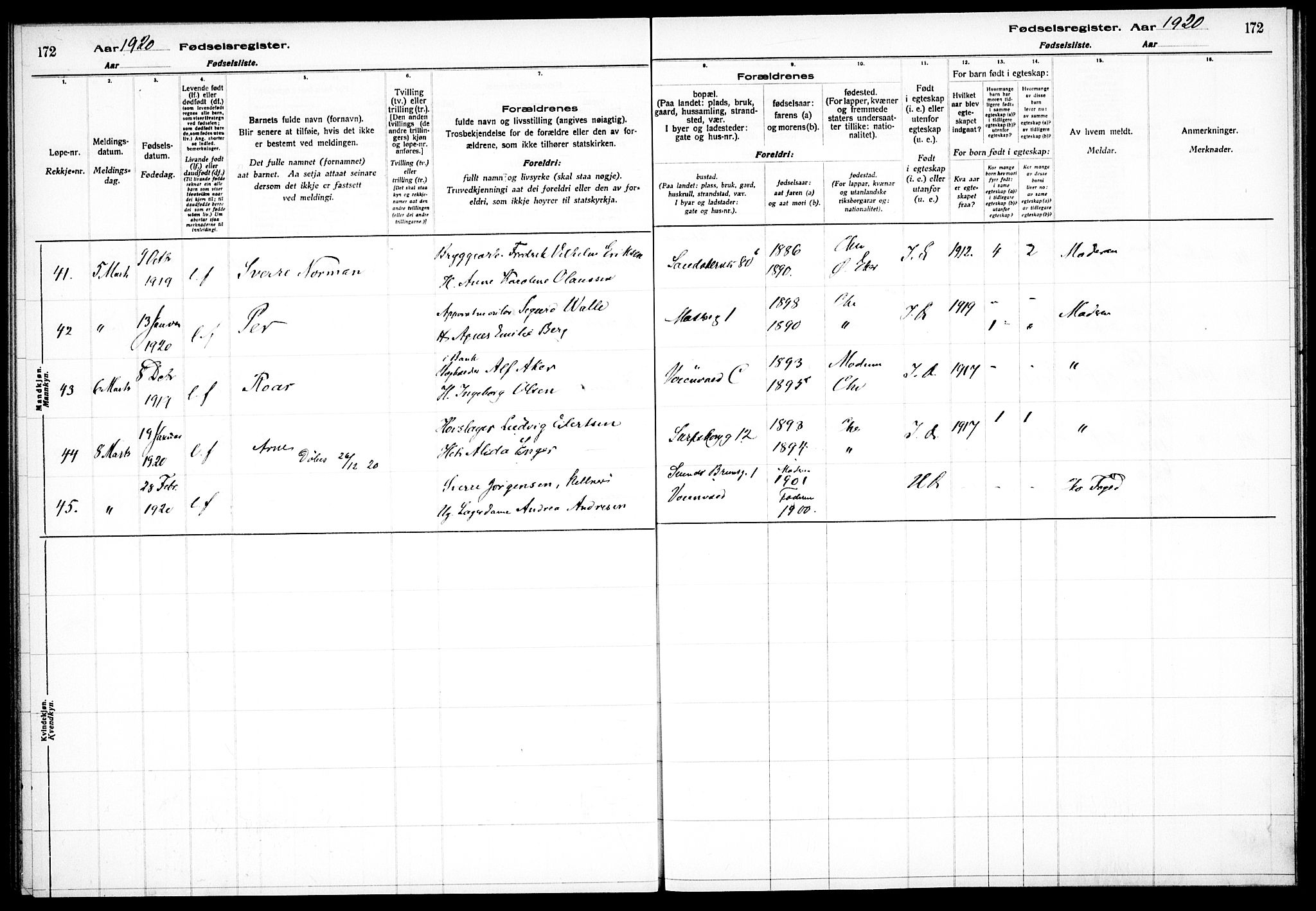 Sagene prestekontor Kirkebøker, SAO/A-10796/J/L0001: Fødselsregister nr. 1, 1916-1920, s. 172