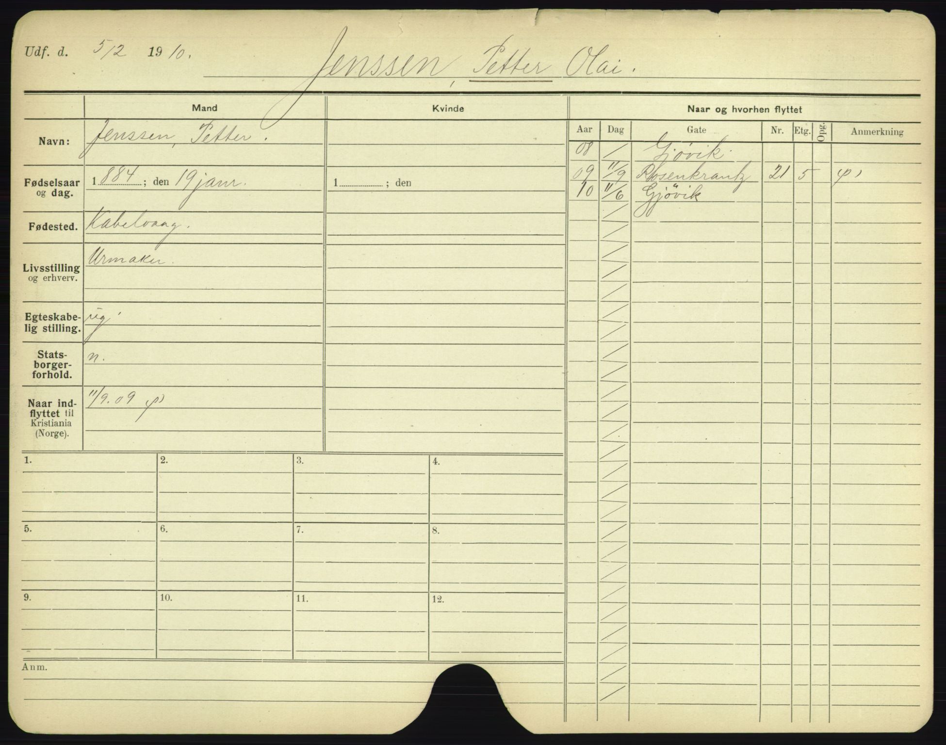 Oslo folkeregister, Registerkort, SAO/A-11715/F/Fa/Fac/L0005: Menn, 1906-1914, s. 372a