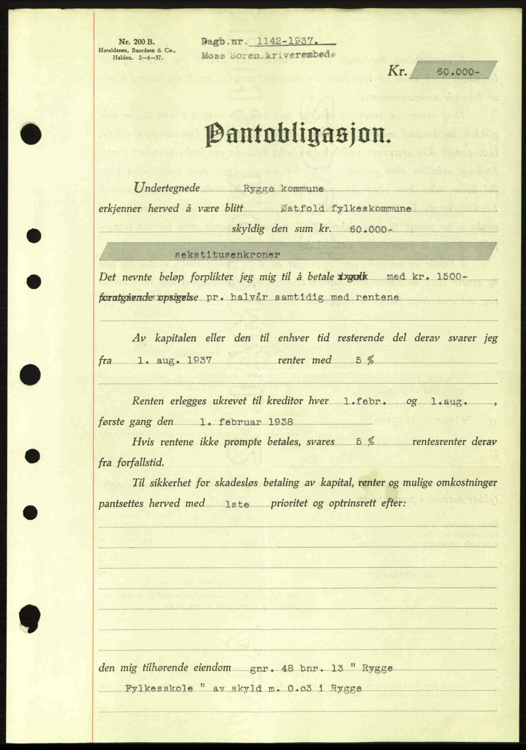 Moss sorenskriveri, SAO/A-10168: Pantebok nr. B3, 1937-1937, Dagboknr: 1142/1937