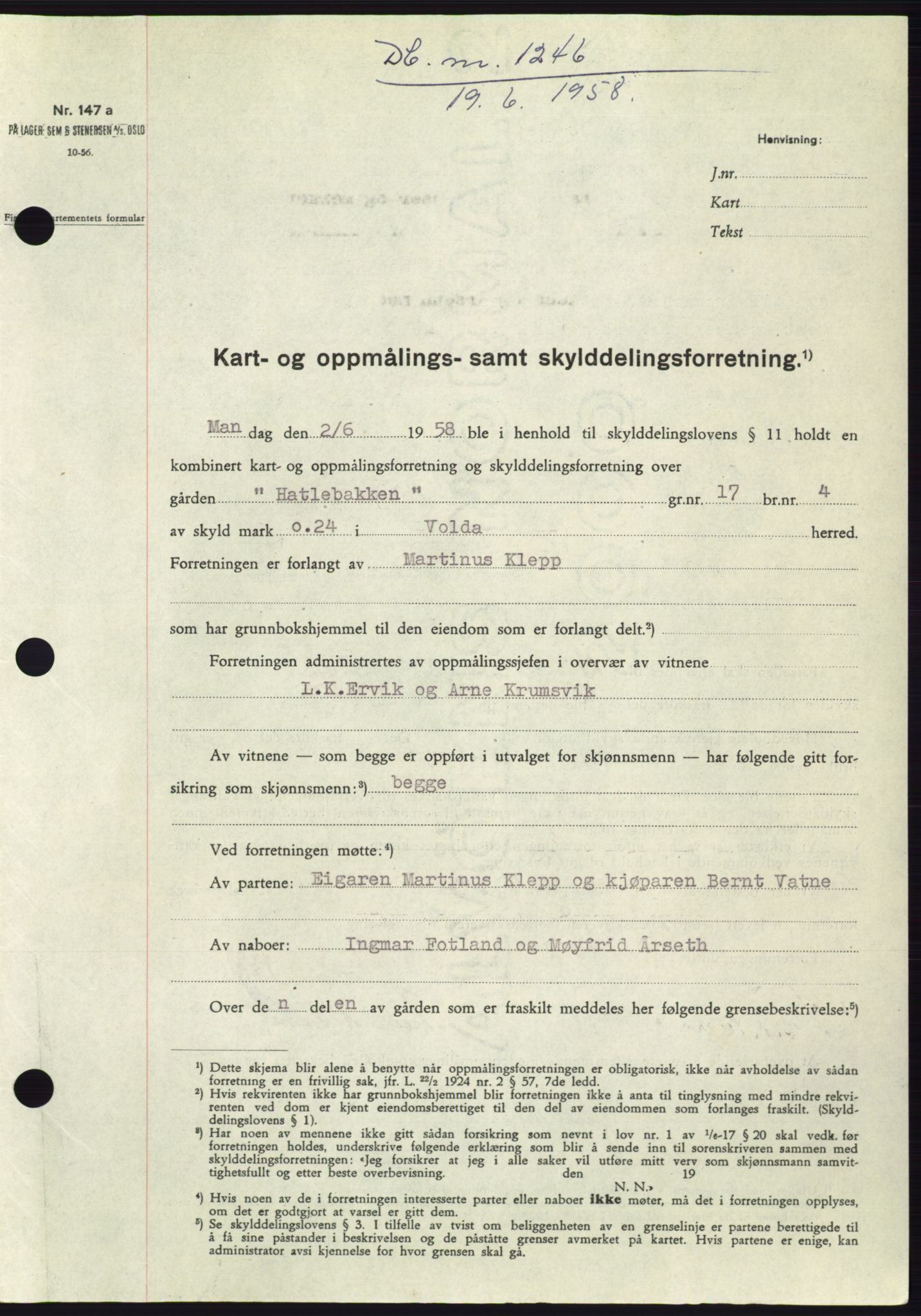 Søre Sunnmøre sorenskriveri, SAT/A-4122/1/2/2C/L0109: Pantebok nr. 35A, 1958-1958, Dagboknr: 1246/1958