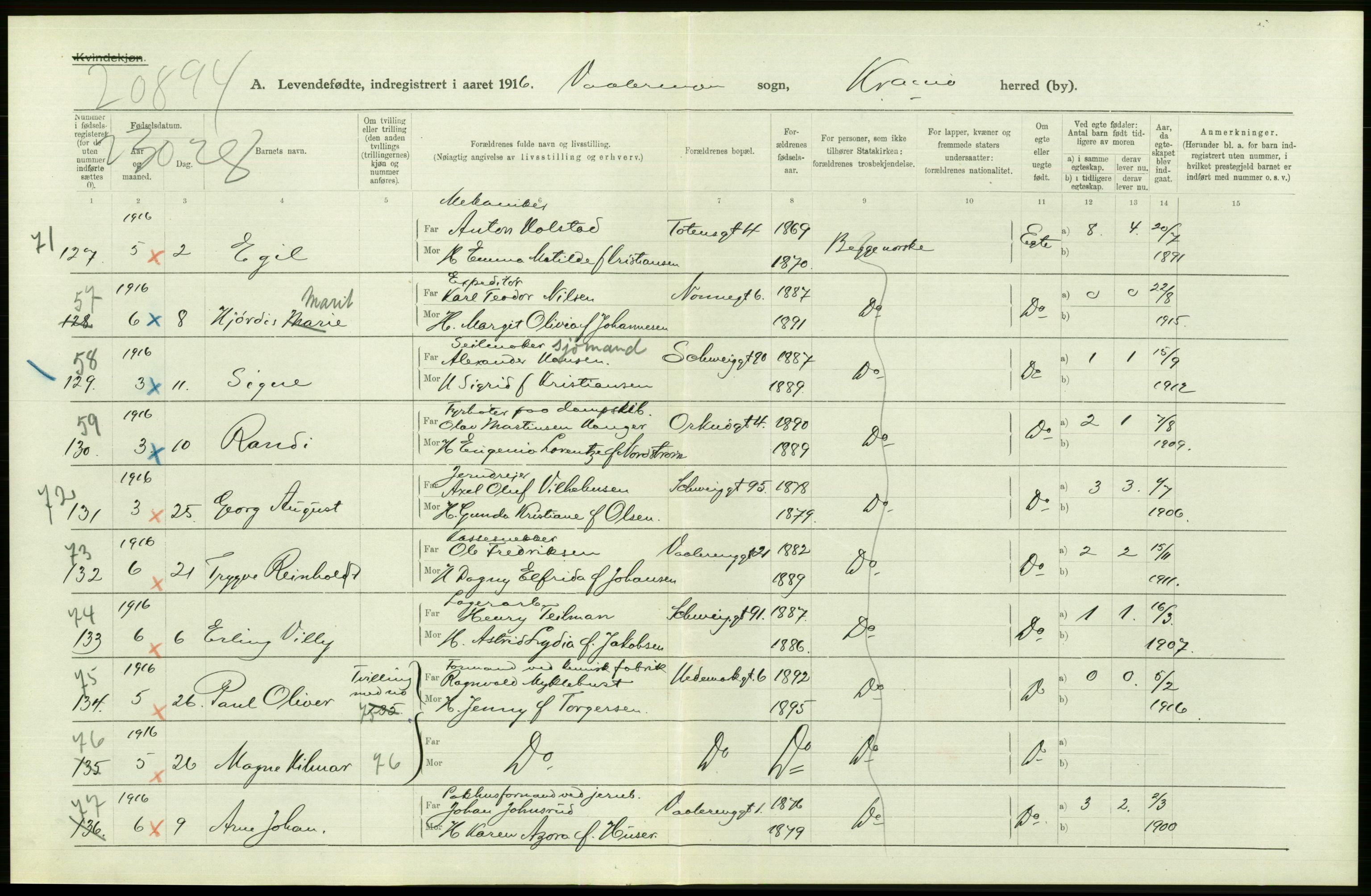 Statistisk sentralbyrå, Sosiodemografiske emner, Befolkning, RA/S-2228/D/Df/Dfb/Dfbf/L0007: Kristiania: Levendefødte menn og kvinner., 1916, s. 312