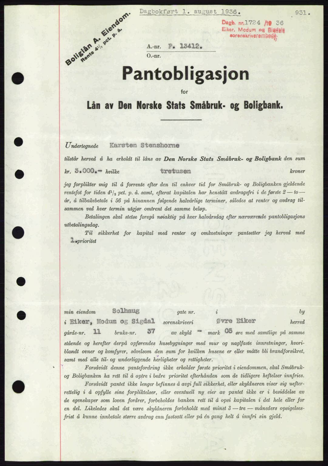 Eiker, Modum og Sigdal sorenskriveri, SAKO/A-123/G/Ga/Gab/L0032: Pantebok nr. A2, 1936-1936, Dagboknr: 1724/1936