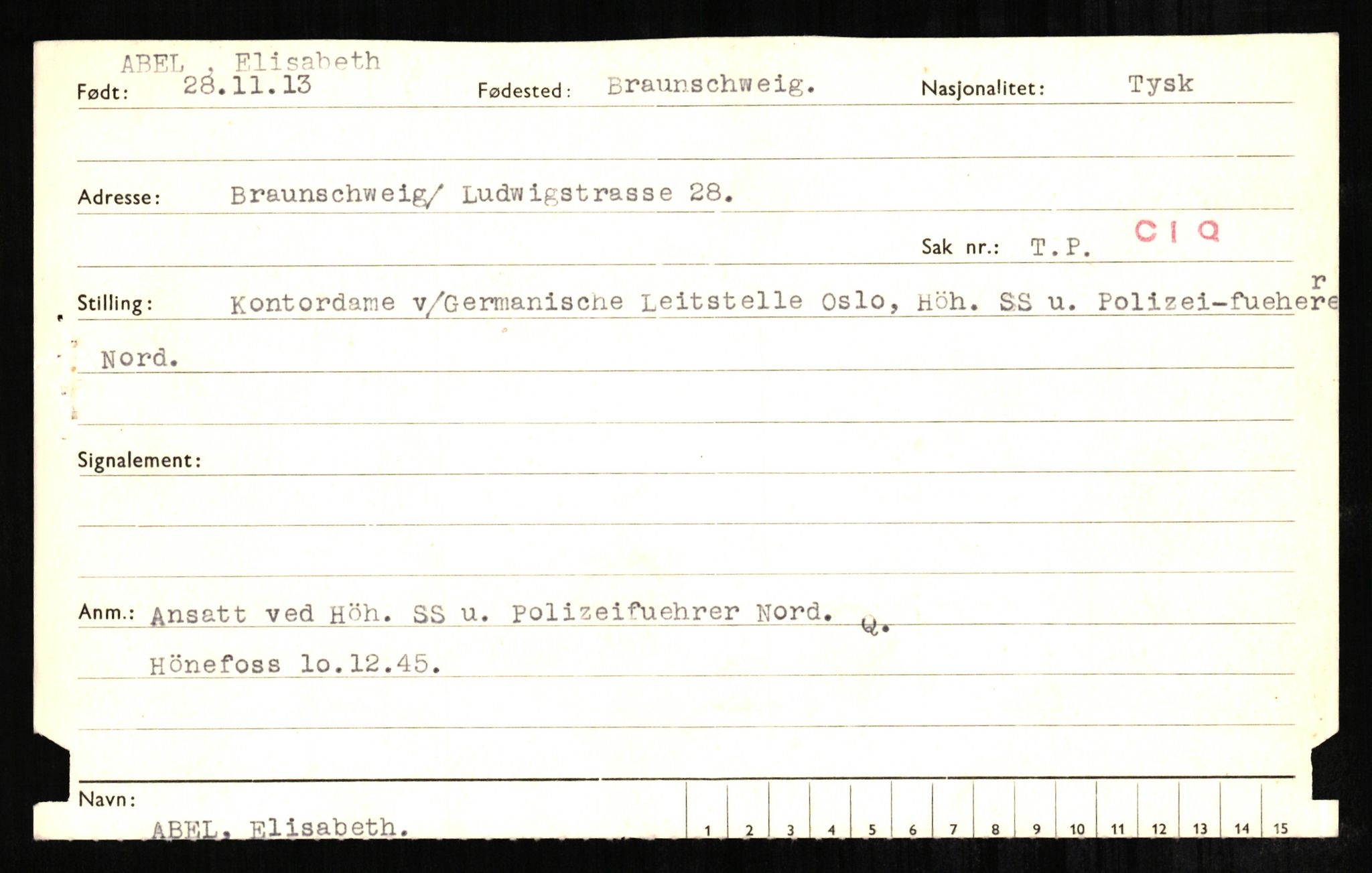 Forsvaret, Forsvarets overkommando II, RA/RAFA-3915/D/Db/L0001: CI Questionaires. Tyske okkupasjonsstyrker i Norge. Tyskere., 1945-1946, s. 2