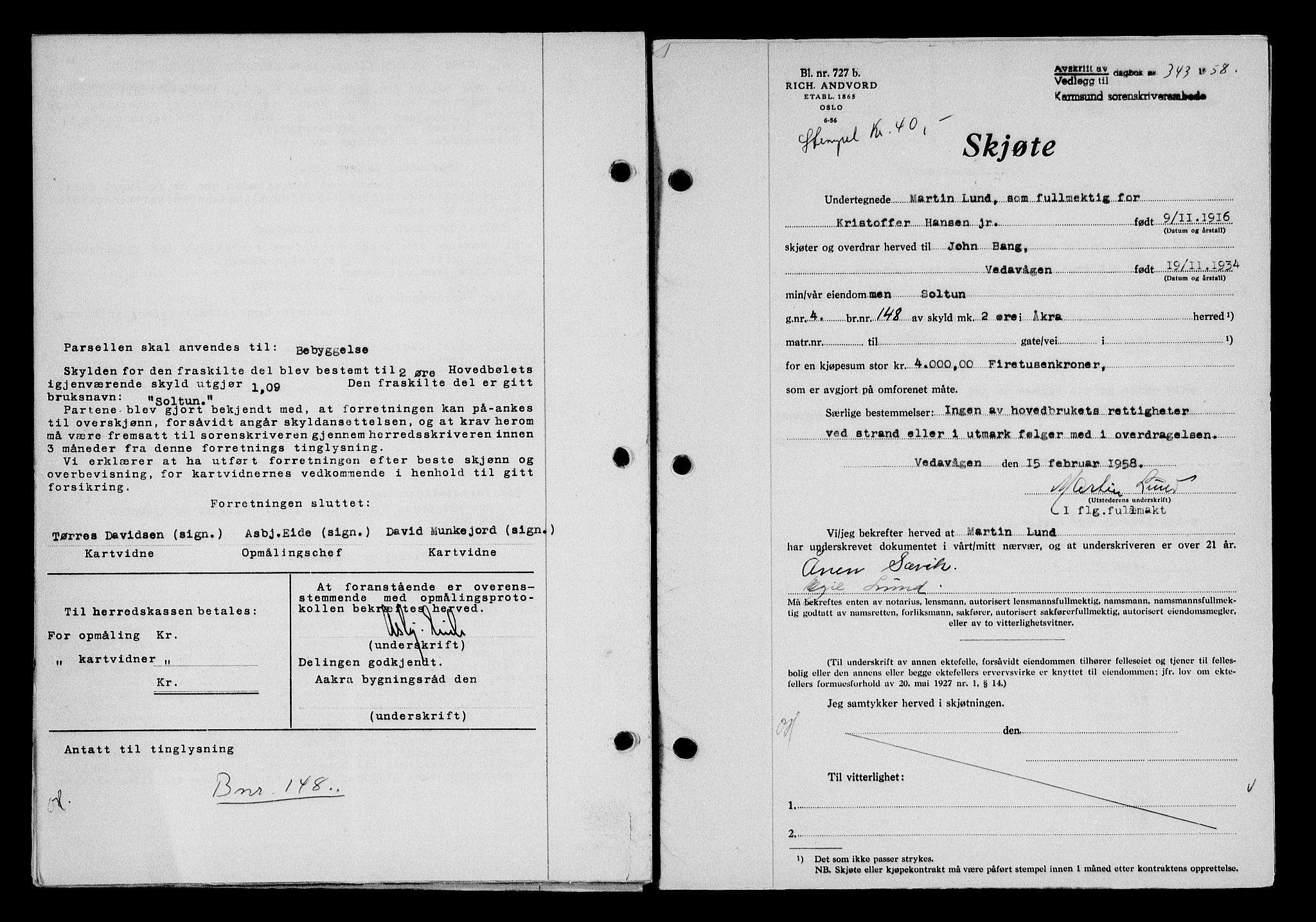 Karmsund sorenskriveri, SAST/A-100311/01/II/IIB/L0128: Pantebok nr. 108A, 1958-1958, Dagboknr: 343/1958