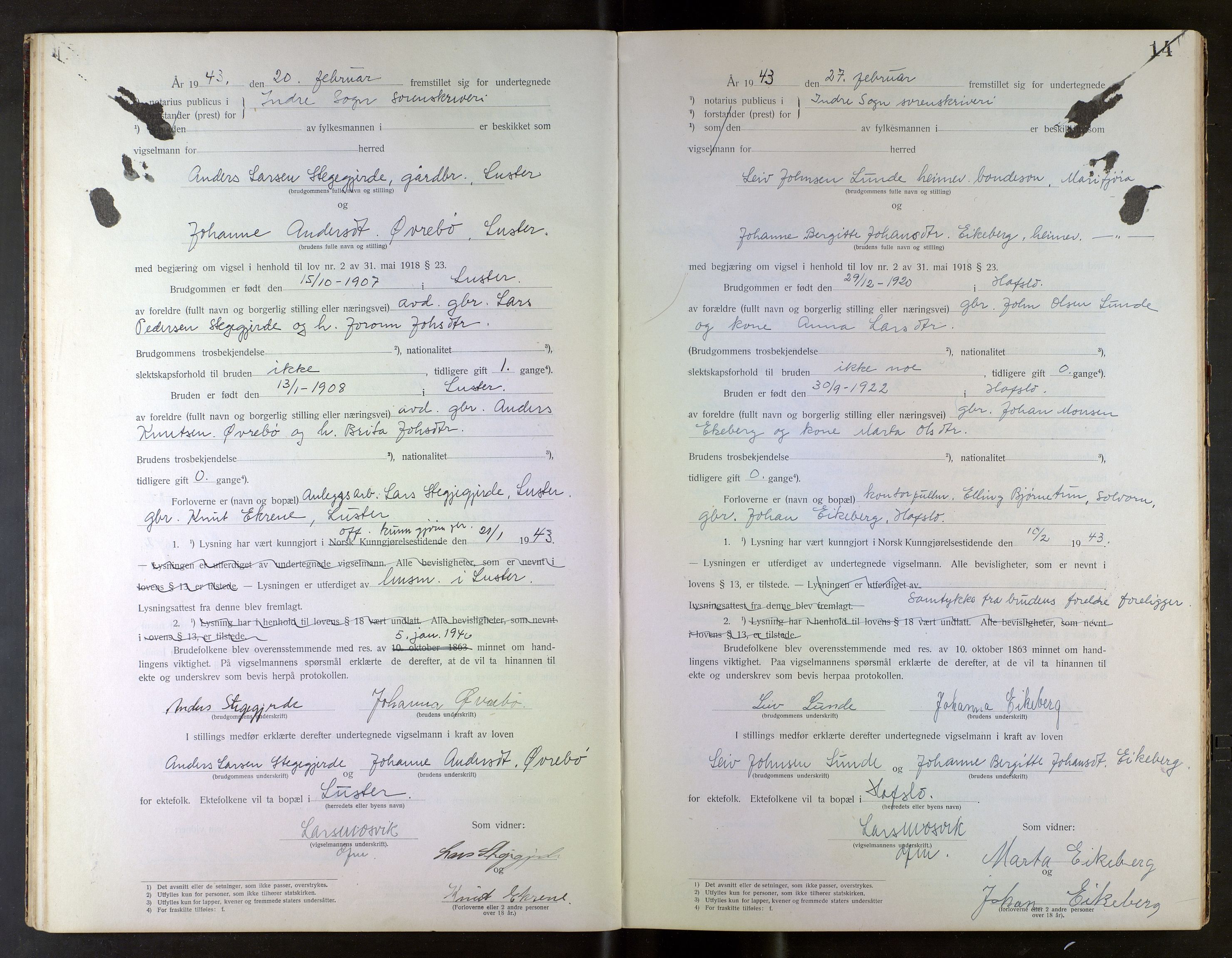 Indre Sogn tingrett, AV/SAB-A-3301/1/L/La/Laa/L0001: Vigselsbok Indre Sogn, 1938-1967, s. 14