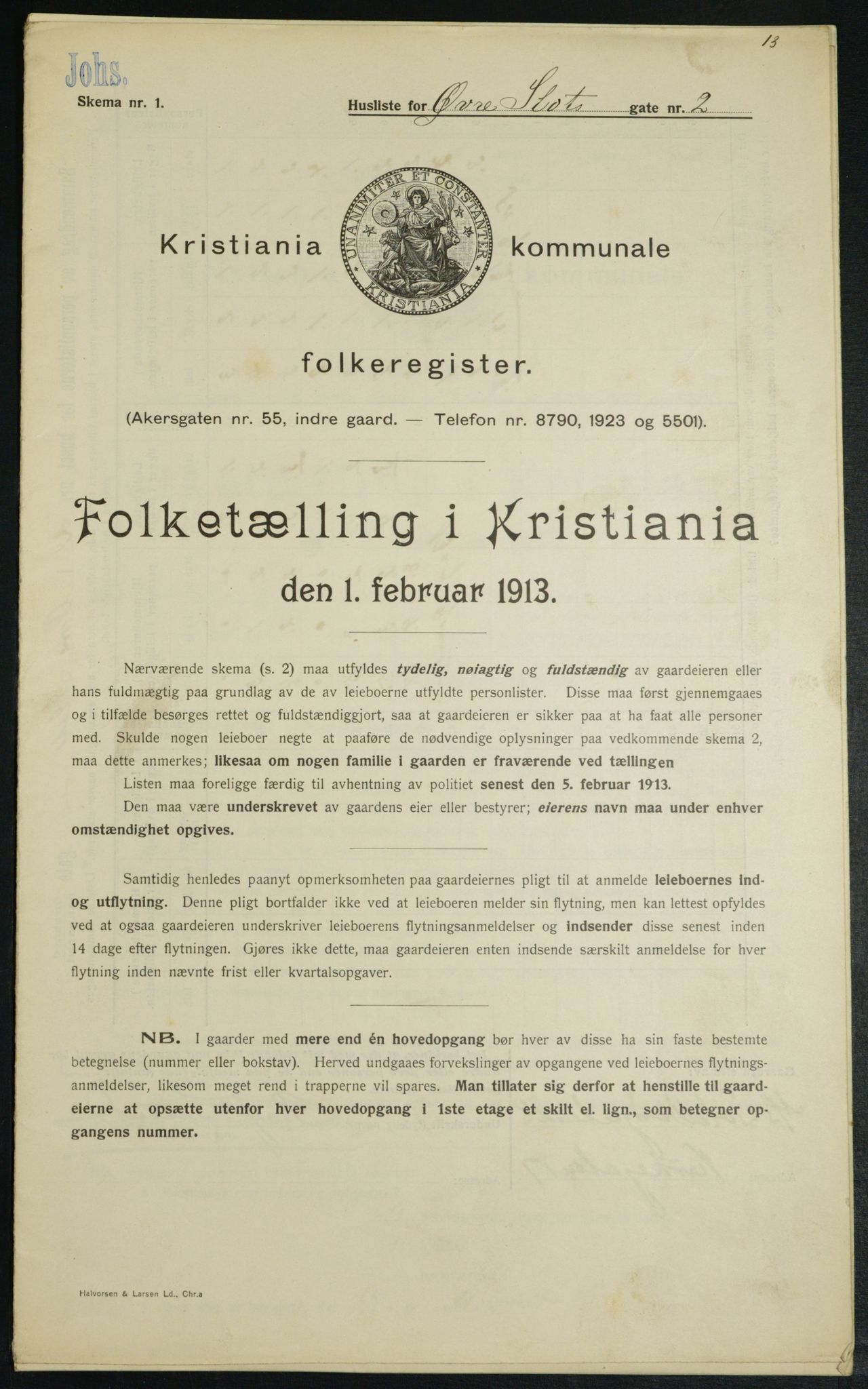 OBA, Kommunal folketelling 1.2.1913 for Kristiania, 1913, s. 129800