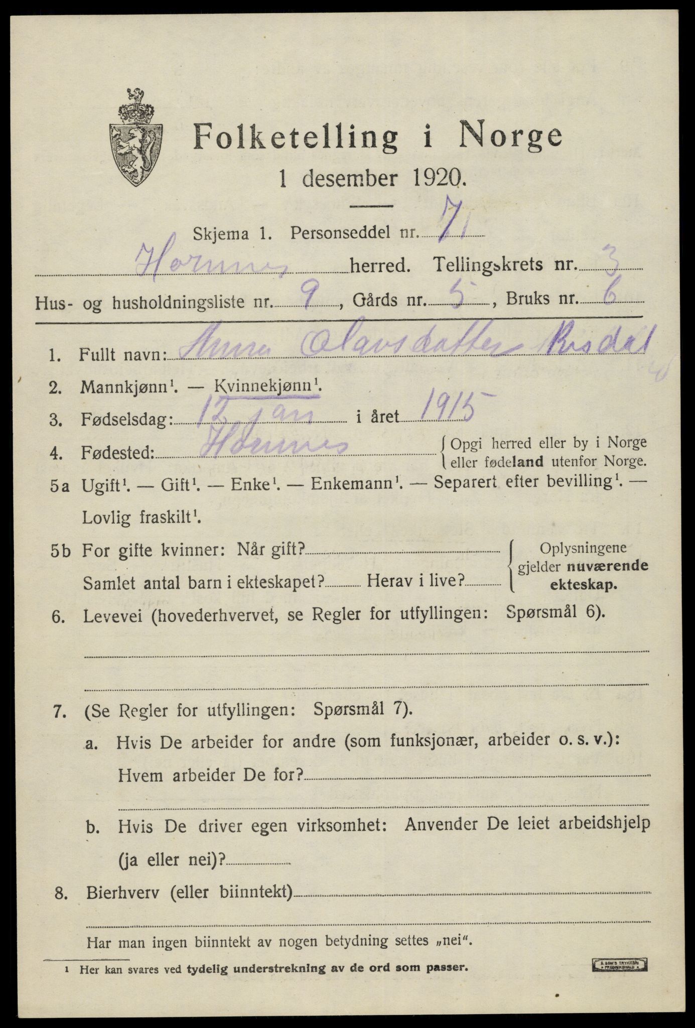 SAK, Folketelling 1920 for 0936 Hornnes herred, 1920, s. 907