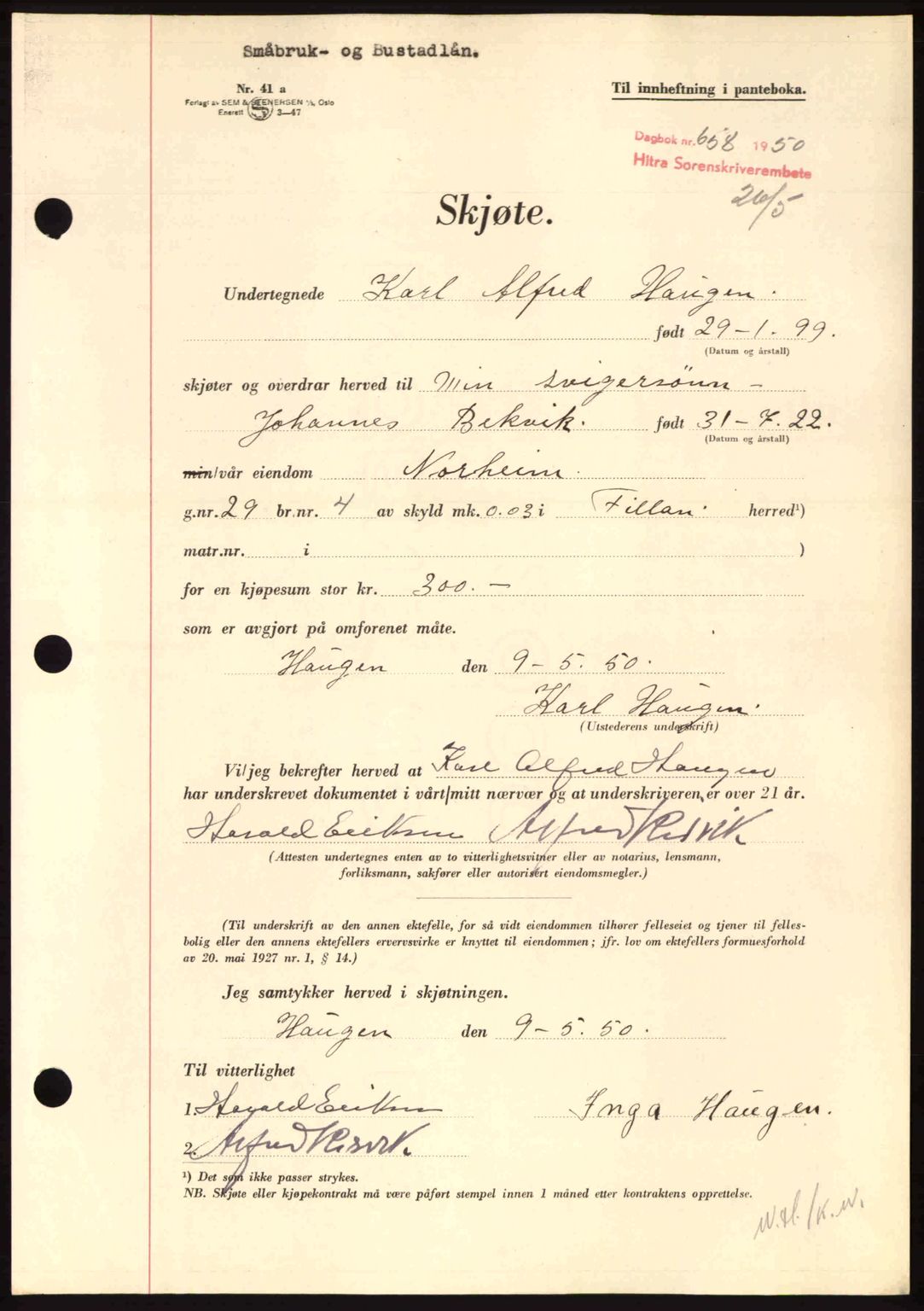 Hitra sorenskriveri, SAT/A-0018/2/2C/2Ca: Pantebok nr. A7, 1950-1950, Dagboknr: 658/1950