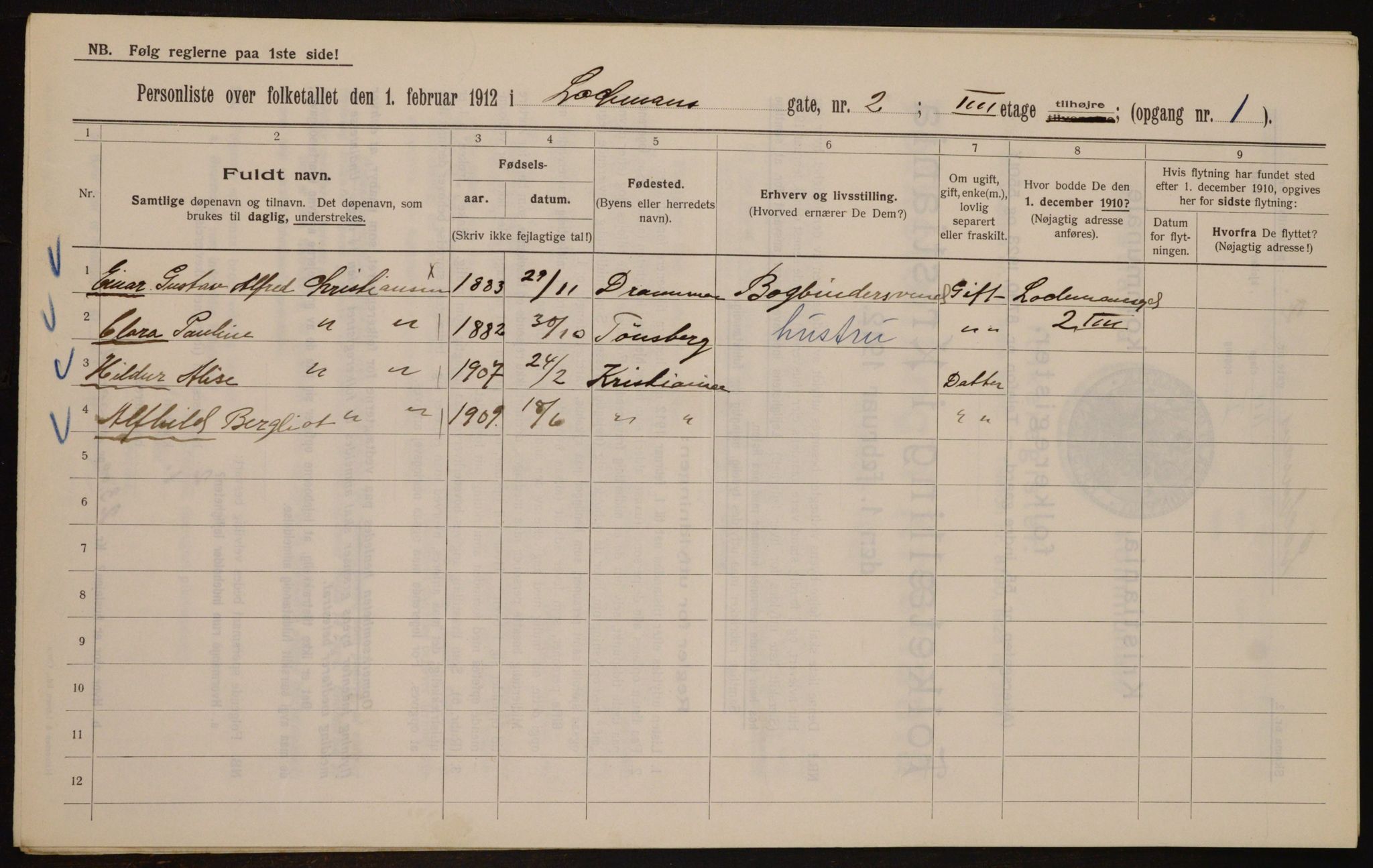 OBA, Kommunal folketelling 1.2.1912 for Kristiania, 1912, s. 58598