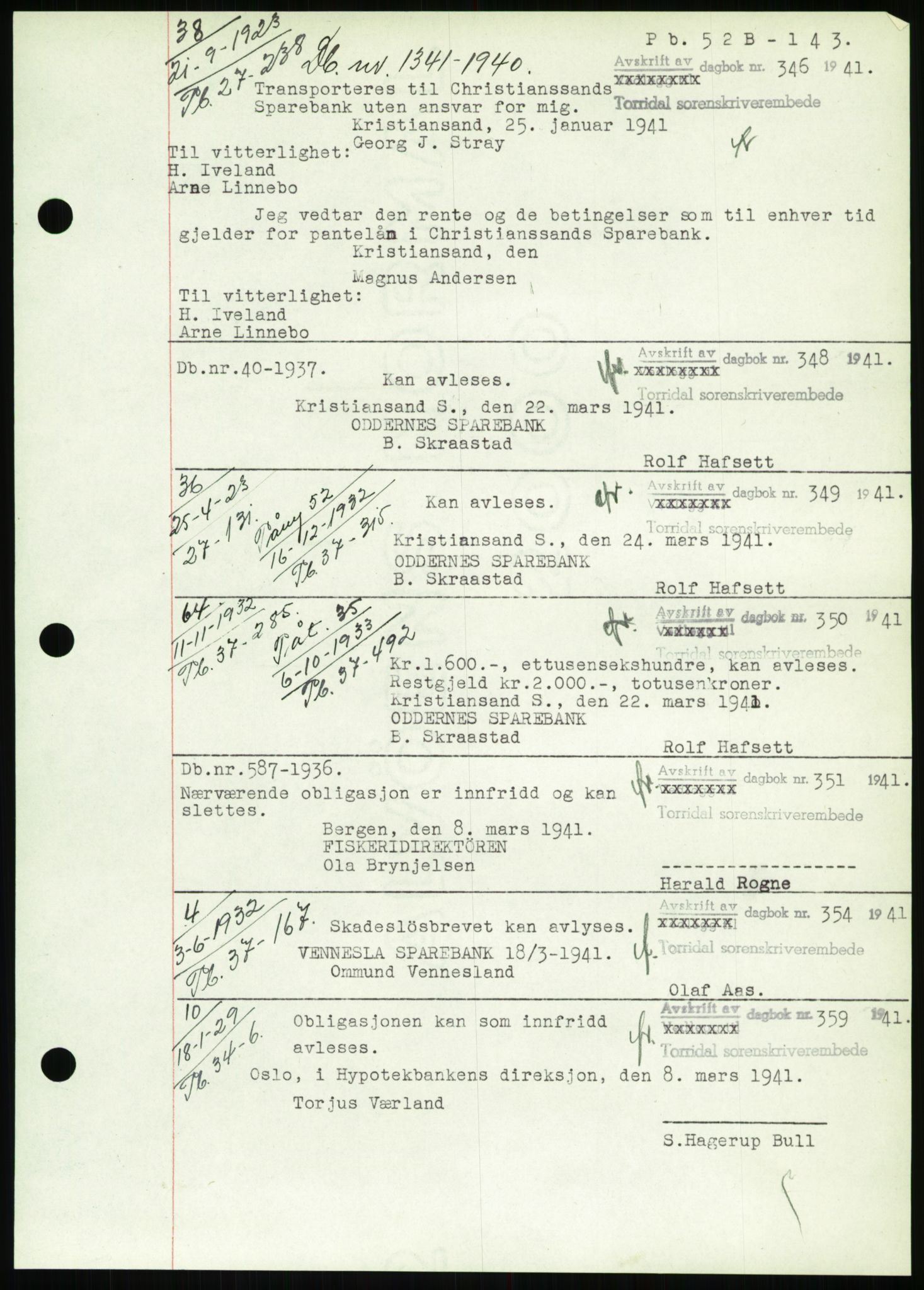 Torridal sorenskriveri, SAK/1221-0012/G/Gb/Gbb/L0008: Pantebok nr. 52b, 1940-1942, Dagboknr: 346/1941