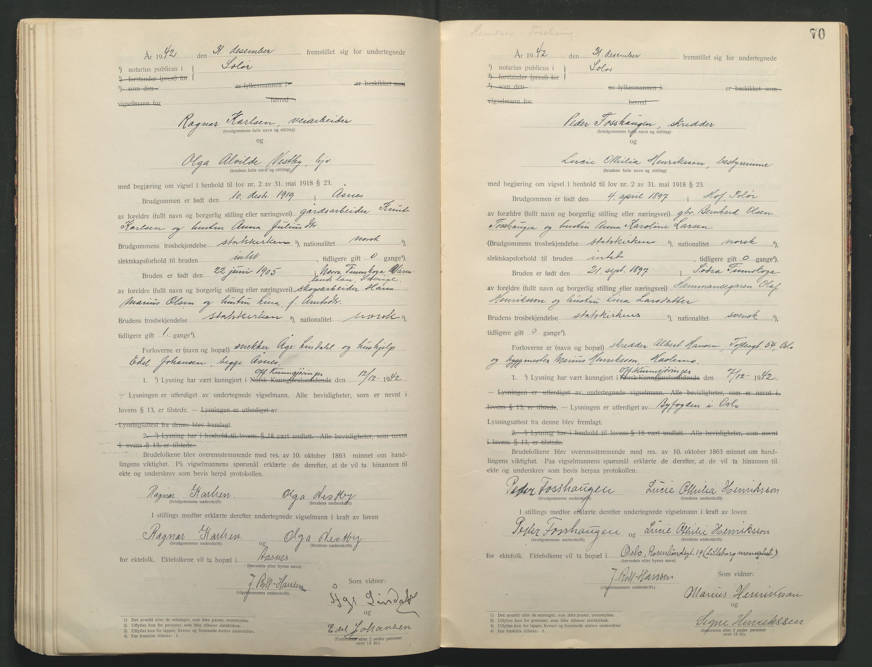 Solør tingrett, AV/SAH-TING-008/L/Lb/L0001: Vigselprotokoll, 1920-1943, s. 70