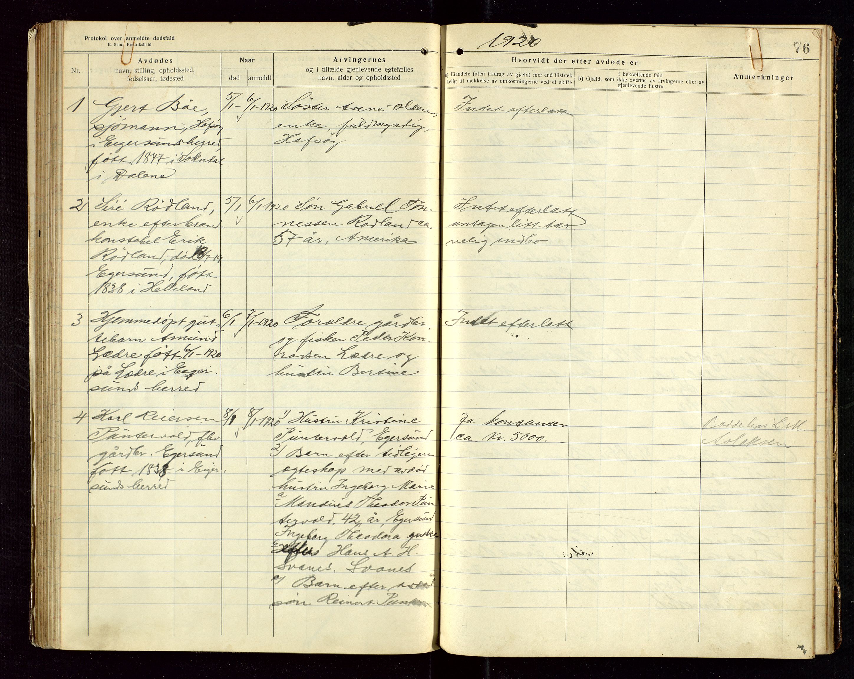 Eigersund lensmannskontor, AV/SAST-A-100171/Gga/L0007: "Protokol over anmeldte dødsfald" m/alfabetisk navneregister, 1917-1920, s. 76