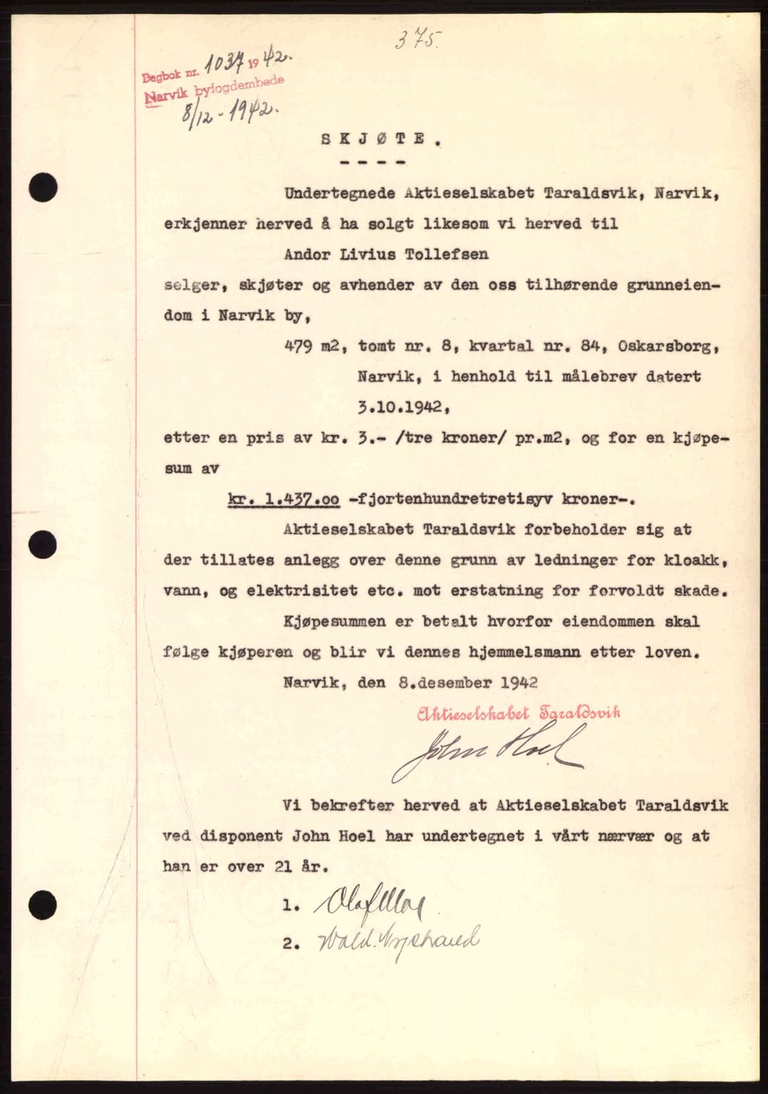 Narvik sorenskriveri, SAT/A-0002/1/2/2C/2Ca: Pantebok nr. A19, 1942-1943, Dagboknr: 1037/1942