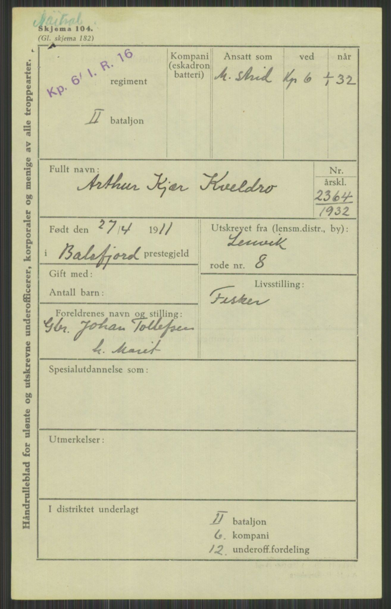 Forsvaret, Troms infanteriregiment nr. 16, AV/RA-RAFA-3146/P/Pa/L0016: Rulleblad for regimentets menige mannskaper, årsklasse 1932, 1932, s. 905