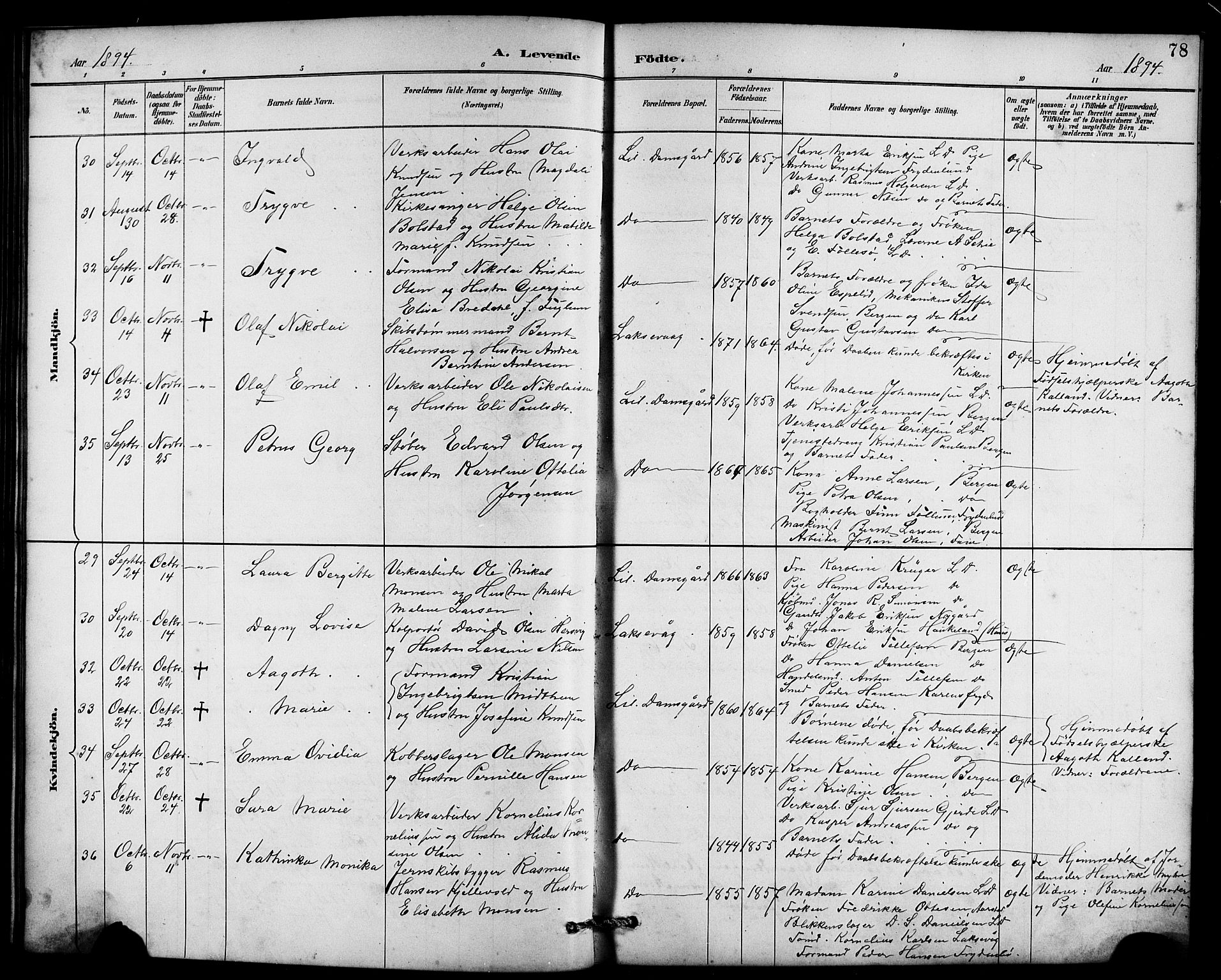Laksevåg Sokneprestembete, AV/SAB-A-76501/H/Ha/Hab/Haba/L0003: Klokkerbok nr. A 3, 1887-1899, s. 78