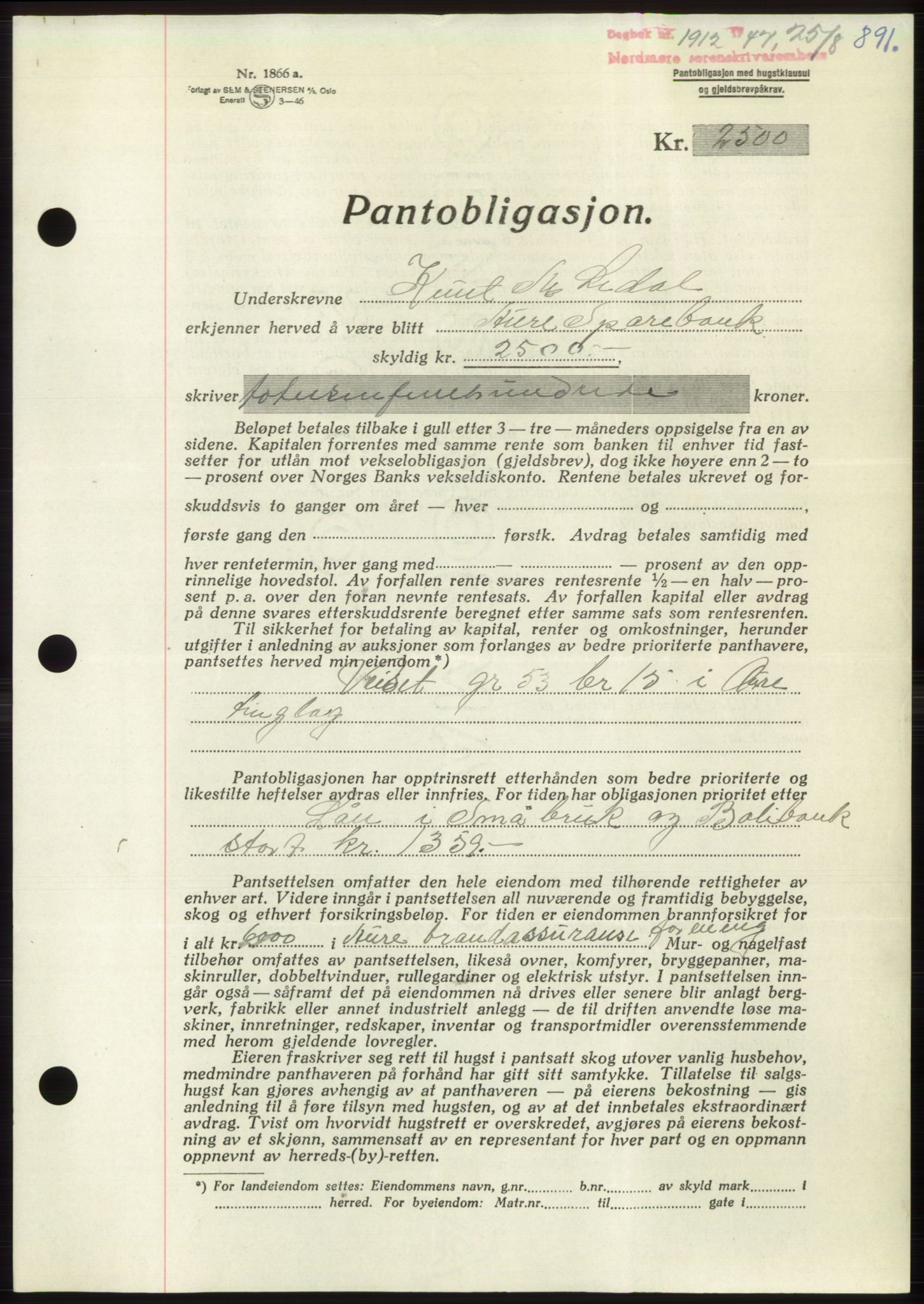 Nordmøre sorenskriveri, SAT/A-4132/1/2/2Ca: Pantebok nr. B96, 1947-1947, Dagboknr: 1912/1947