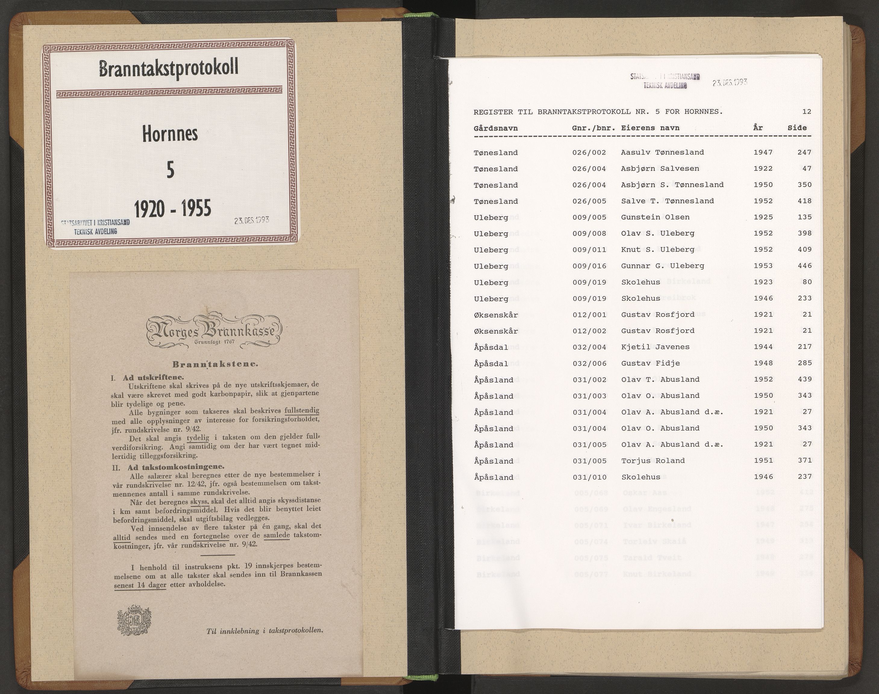 Norges Brannkasse Hornnes, AV/SAK-2241-0026/F/Fa/L0006: Branntakstprotokoll nr. 5 med gårdsnavnregister, 1920-1955