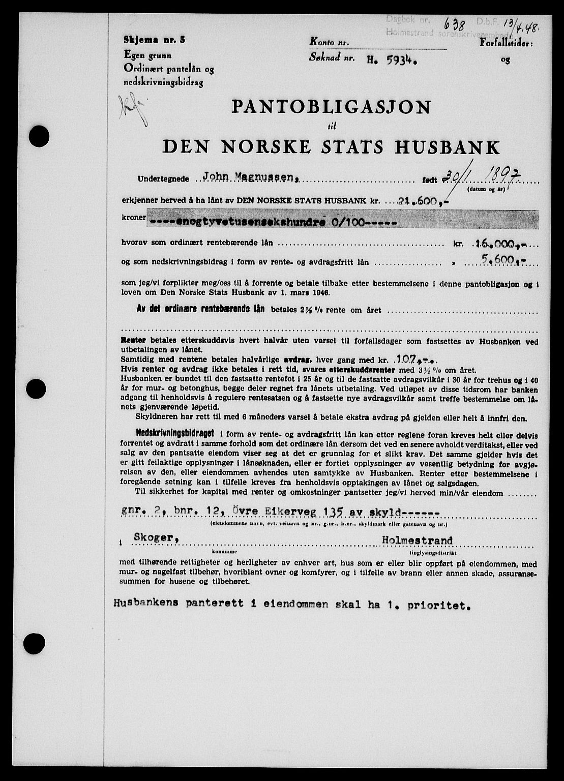 Holmestrand sorenskriveri, SAKO/A-67/G/Ga/Gab/L0058: Pantebok nr. B-58, 1947-1948, Dagboknr: 638/1948