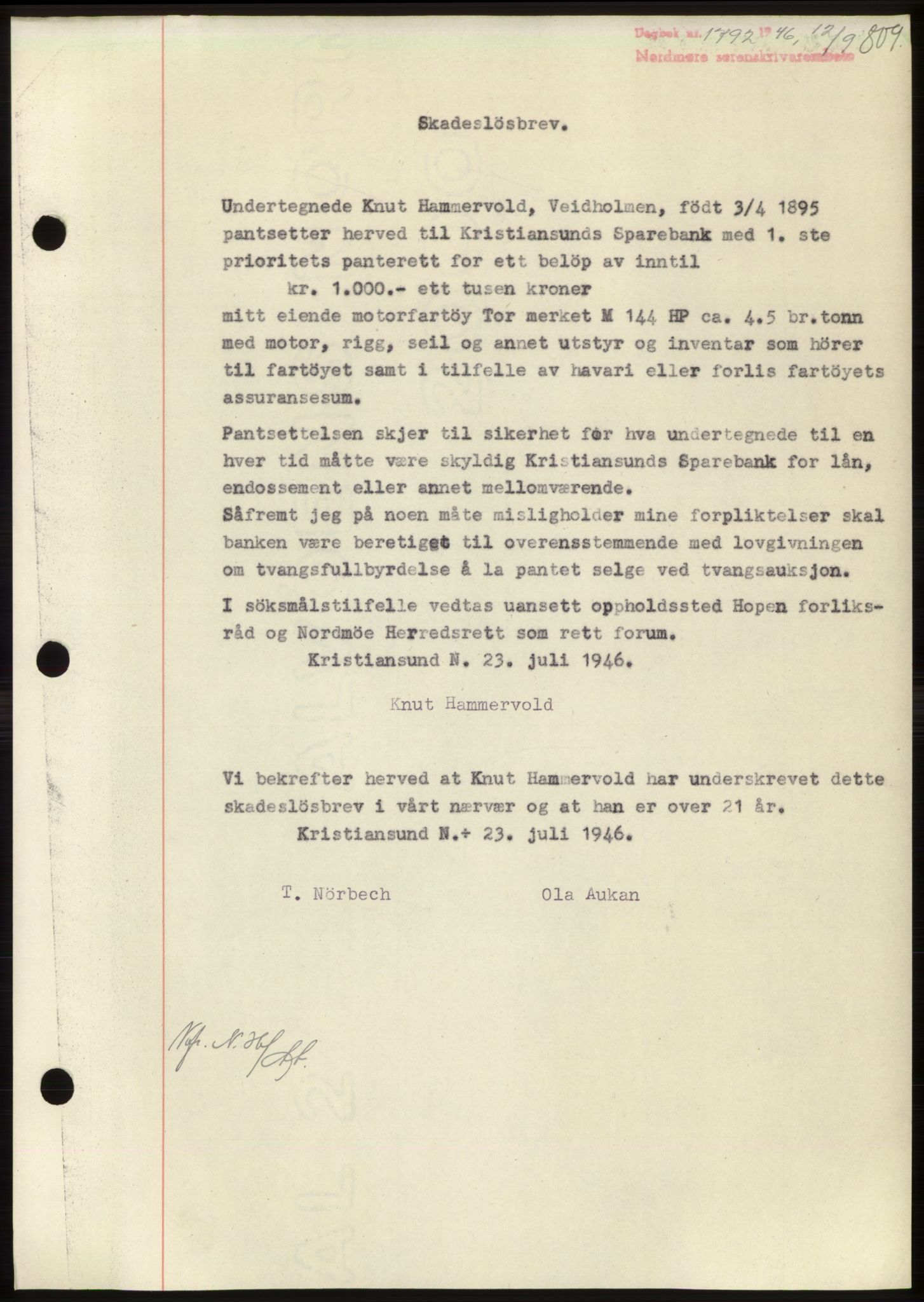 Nordmøre sorenskriveri, SAT/A-4132/1/2/2Ca: Pantebok nr. B94, 1946-1946, Dagboknr: 1792/1946