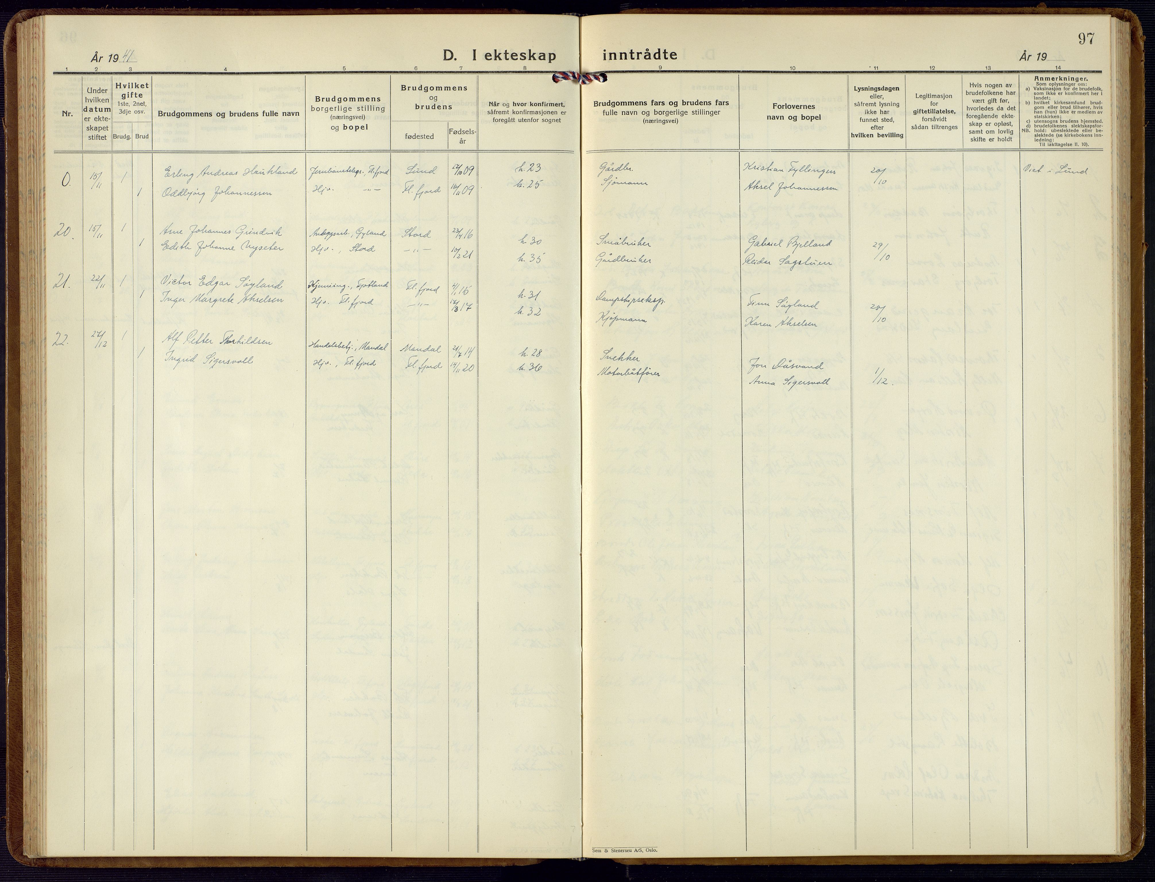 Flekkefjord sokneprestkontor, AV/SAK-1111-0012/F/Fb/Fba/L0003: Klokkerbok nr. B 3, 1932-1969, s. 97