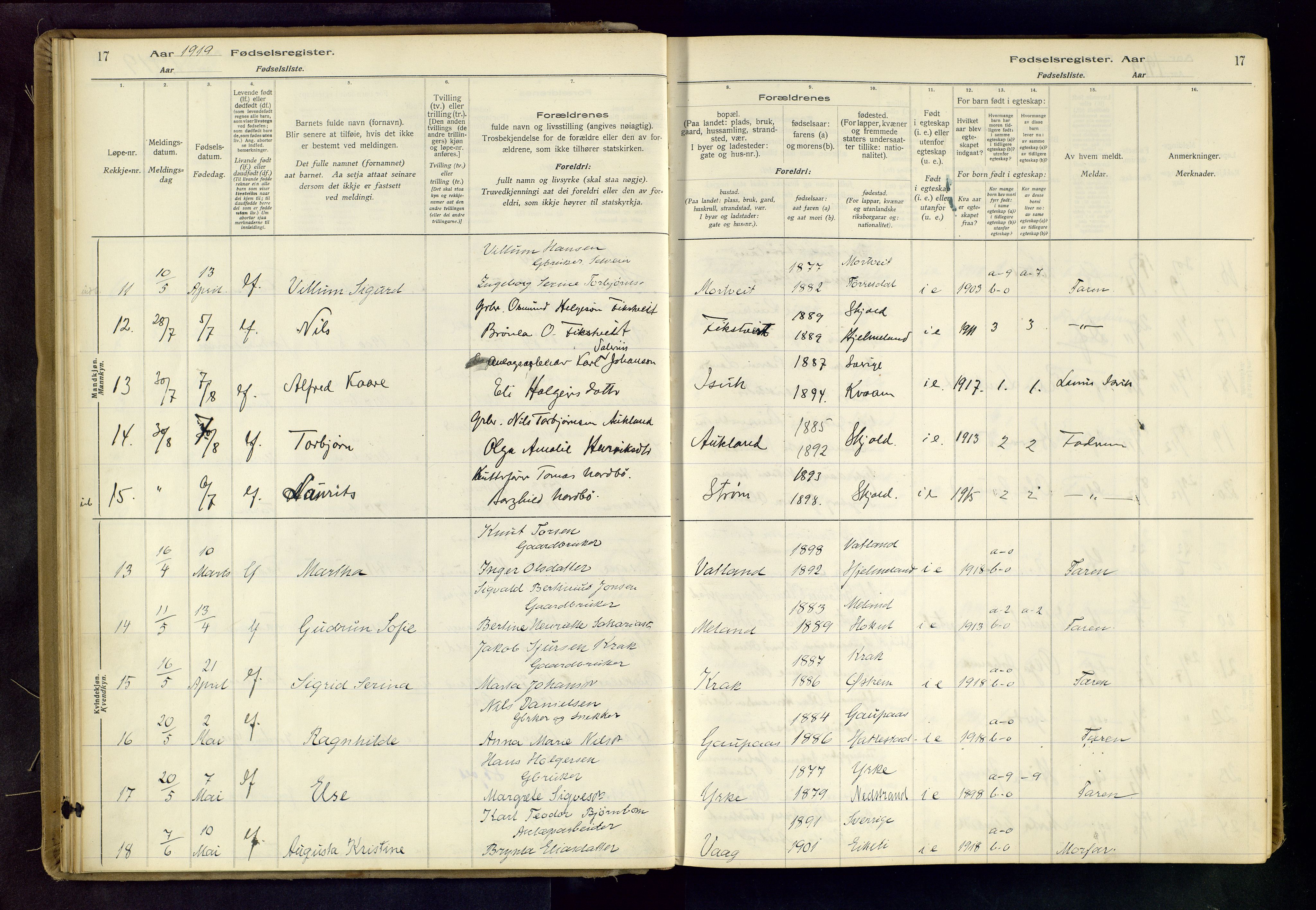 Skjold sokneprestkontor, SAST/A-101847/I/Id/L0001: Fødselsregister nr. 1, 1917-1951, s. 17