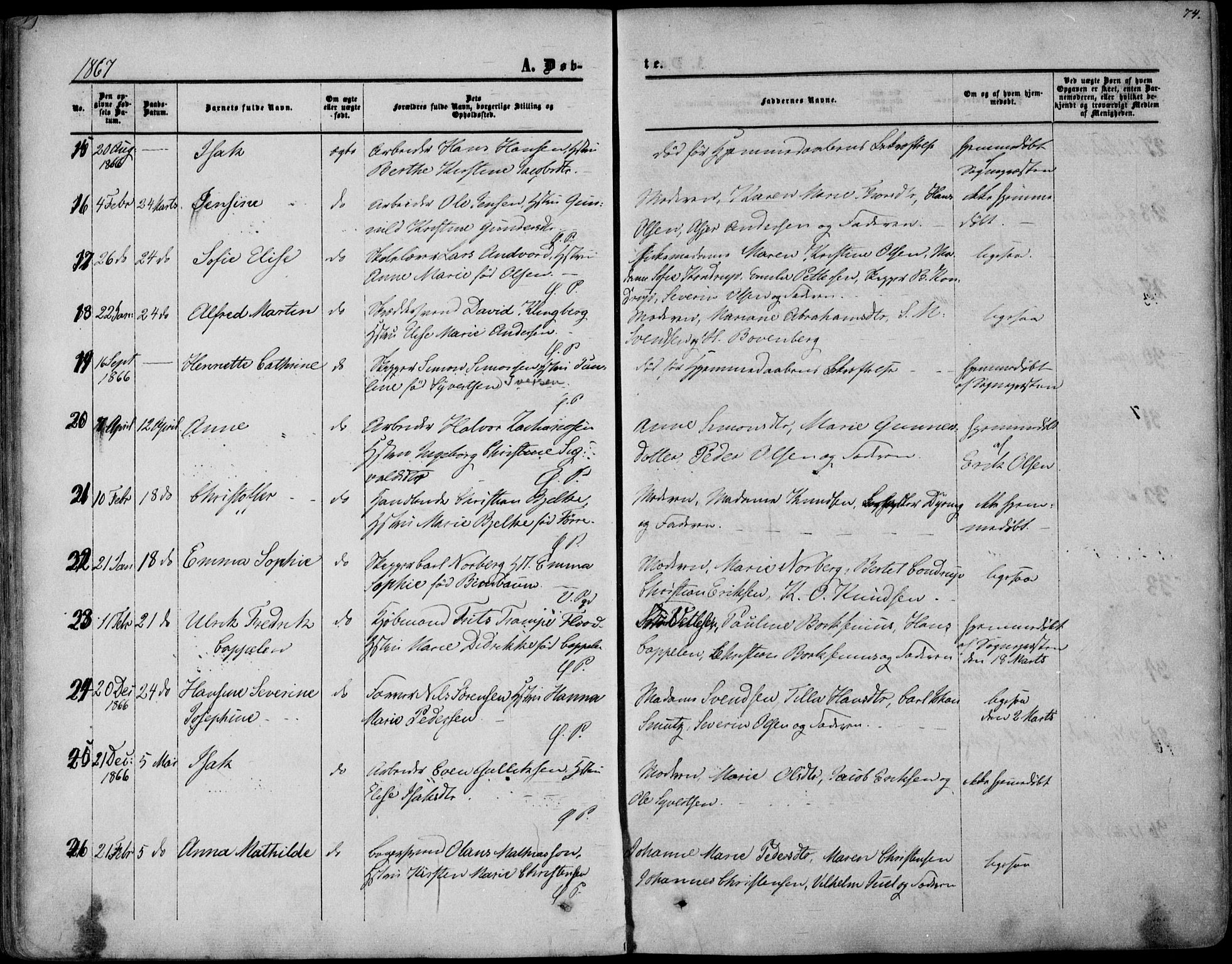 Porsgrunn kirkebøker , AV/SAKO-A-104/F/Fa/L0007: Ministerialbok nr. 7, 1858-1877, s. 74