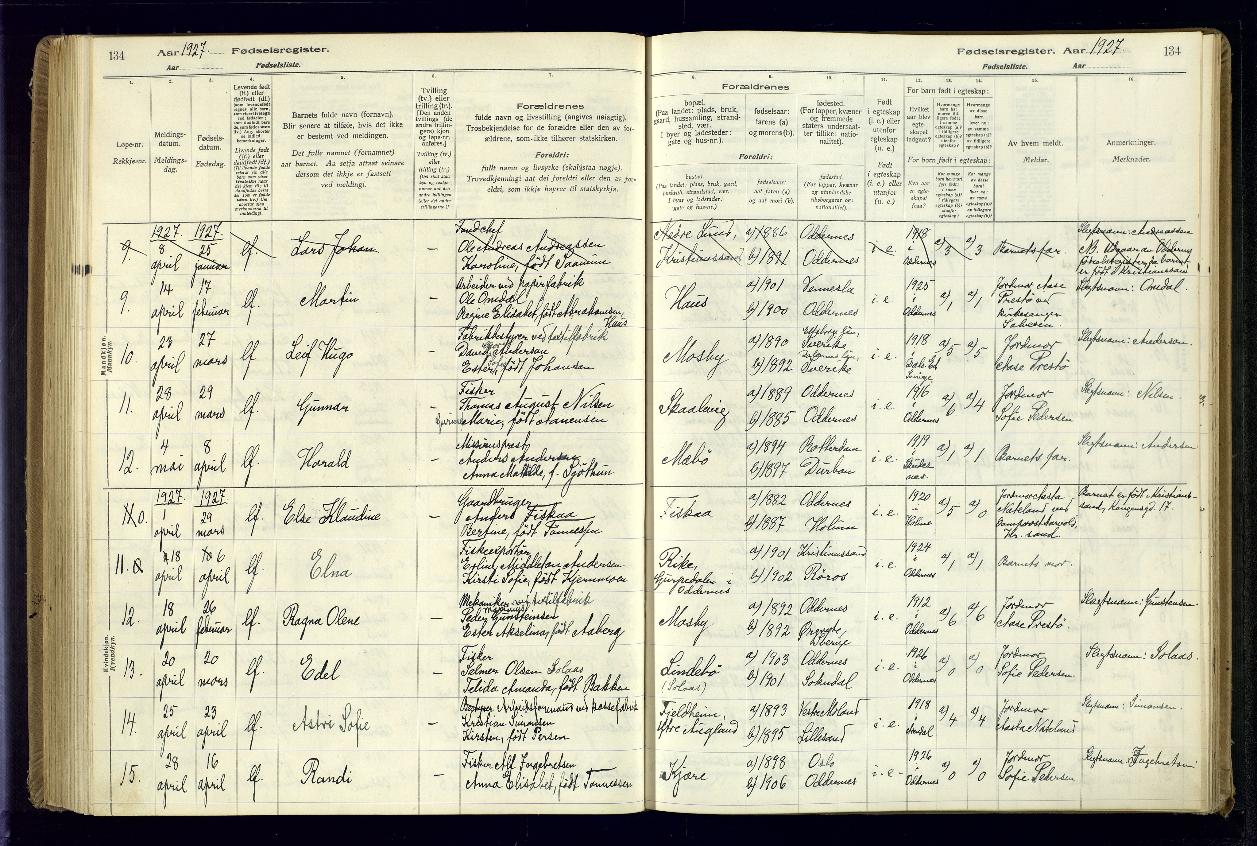 Oddernes sokneprestkontor, AV/SAK-1111-0033/J/Ja/L0001: Fødselsregister nr. 1, 1916-1935, s. 134