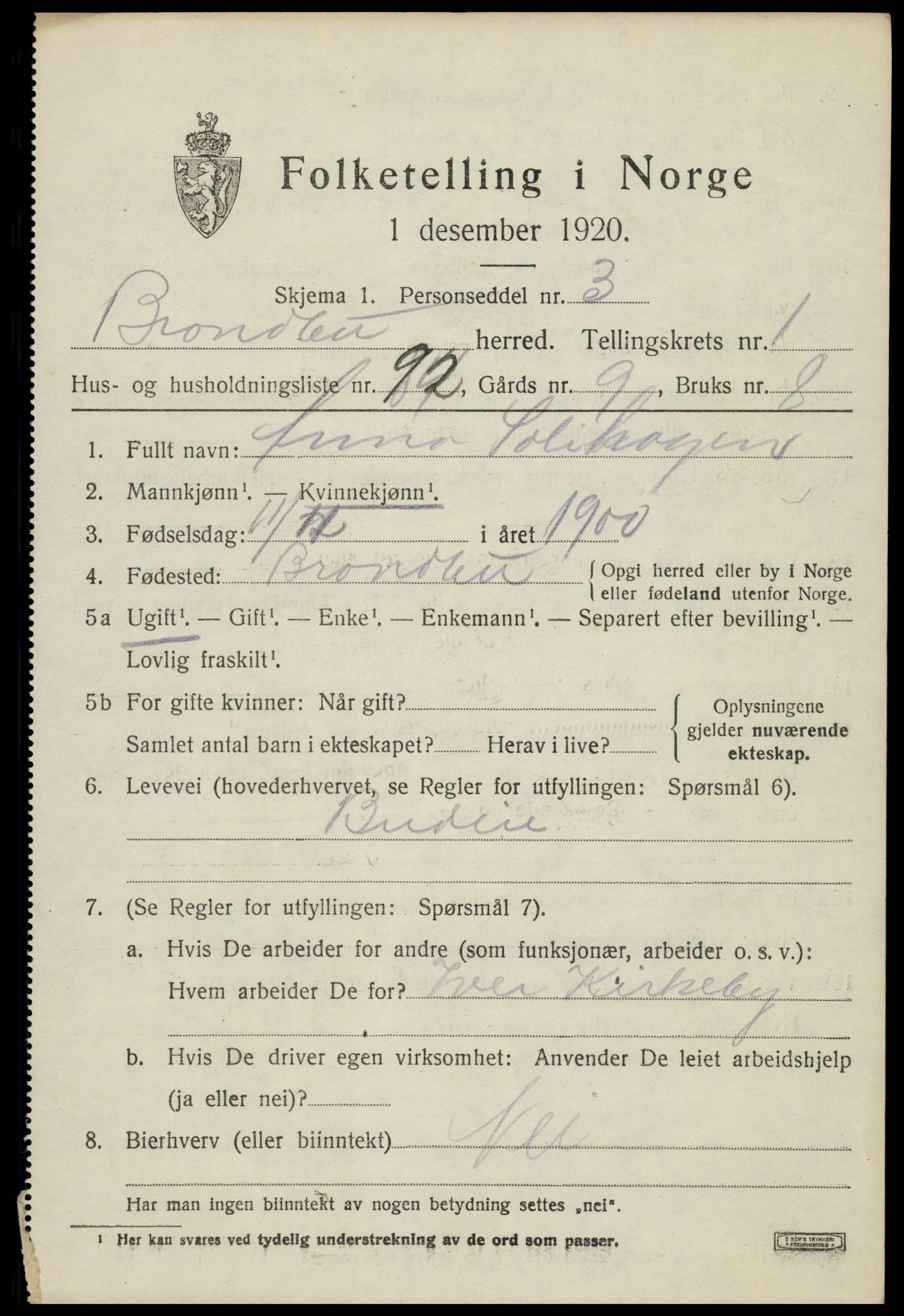 SAH, Folketelling 1920 for 0535 Brandbu herred, 1920, s. 3033