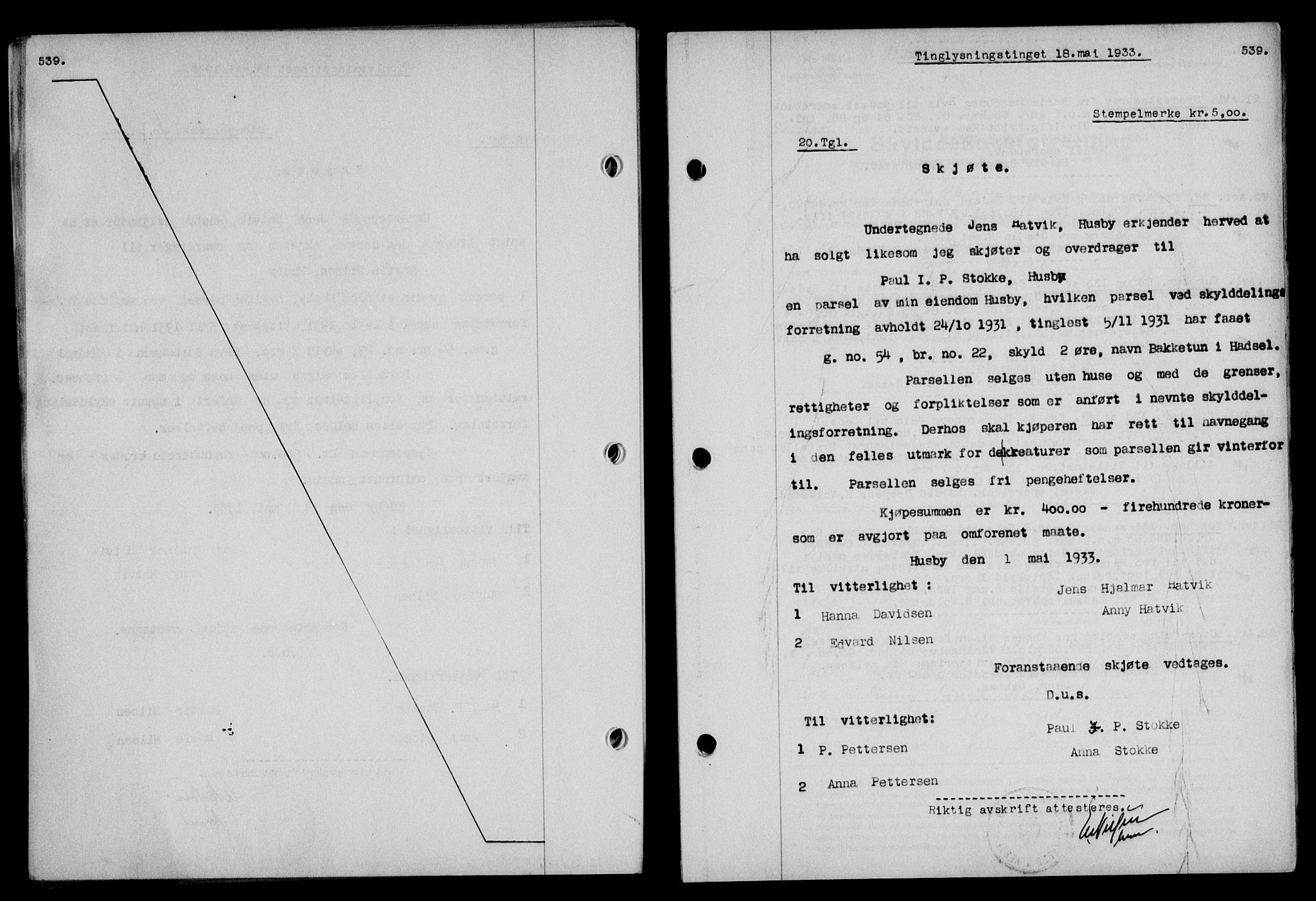 Vesterålen sorenskriveri, SAT/A-4180/1/2/2Ca/L0057: Pantebok nr. 50, 1933-1933, Tingl.dato: 18.05.1933