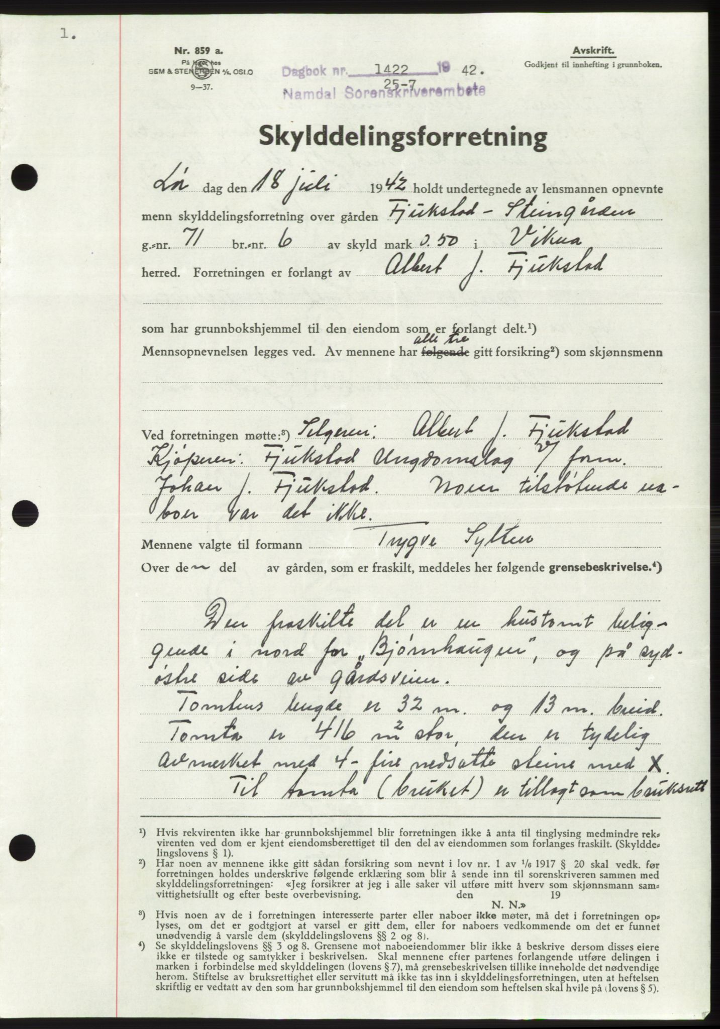 Namdal sorenskriveri, SAT/A-4133/1/2/2C: Pantebok nr. -, 1942-1943, Dagboknr: 1422/1942