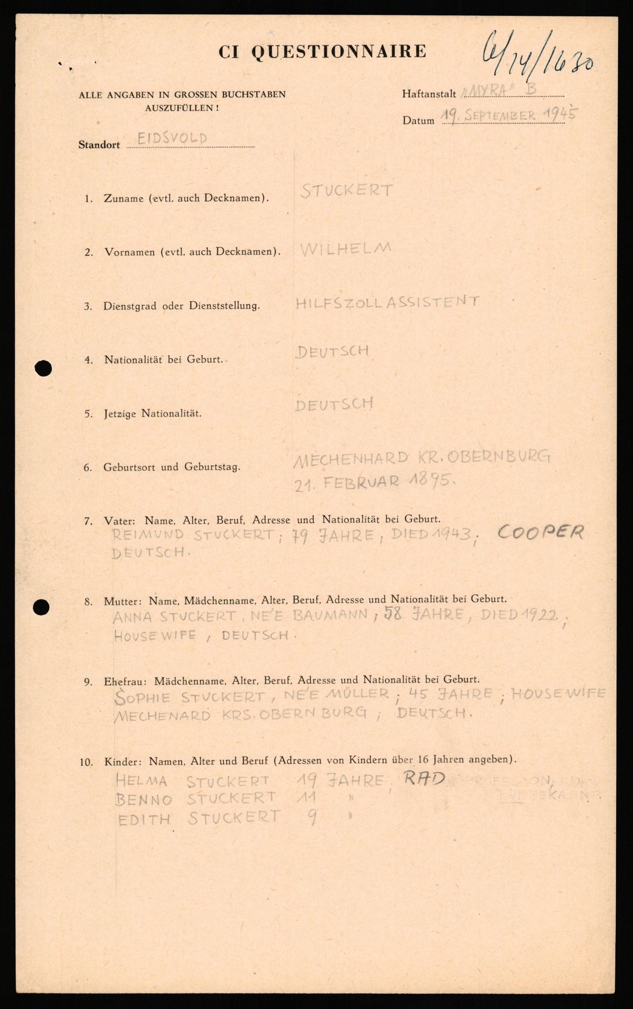 Forsvaret, Forsvarets overkommando II, RA/RAFA-3915/D/Db/L0033: CI Questionaires. Tyske okkupasjonsstyrker i Norge. Tyskere., 1945-1946, s. 260