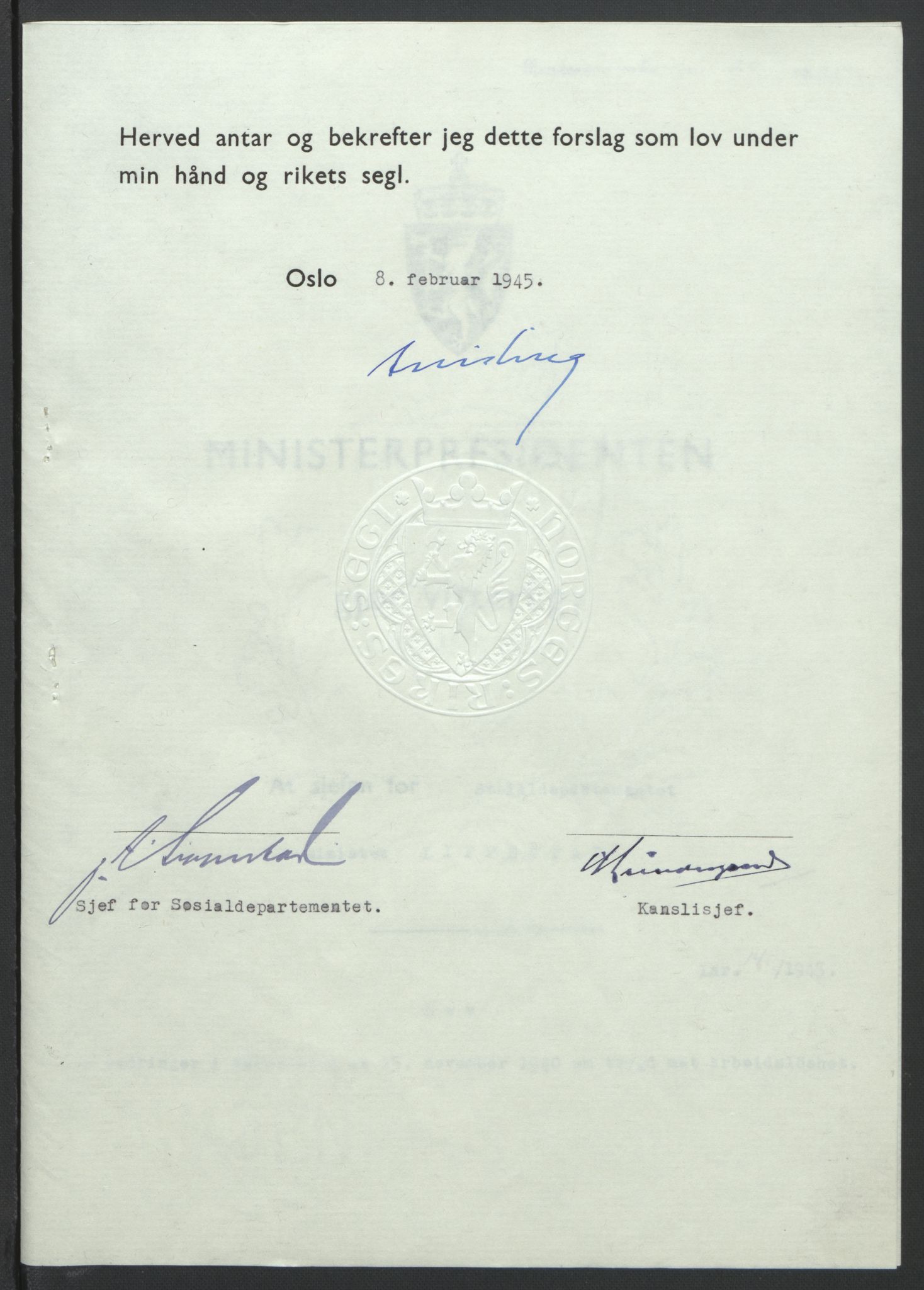 NS-administrasjonen 1940-1945 (Statsrådsekretariatet, de kommisariske statsråder mm), RA/S-4279/D/Db/L0101/0001: -- / Lover og vedtak, 1945, s. 60