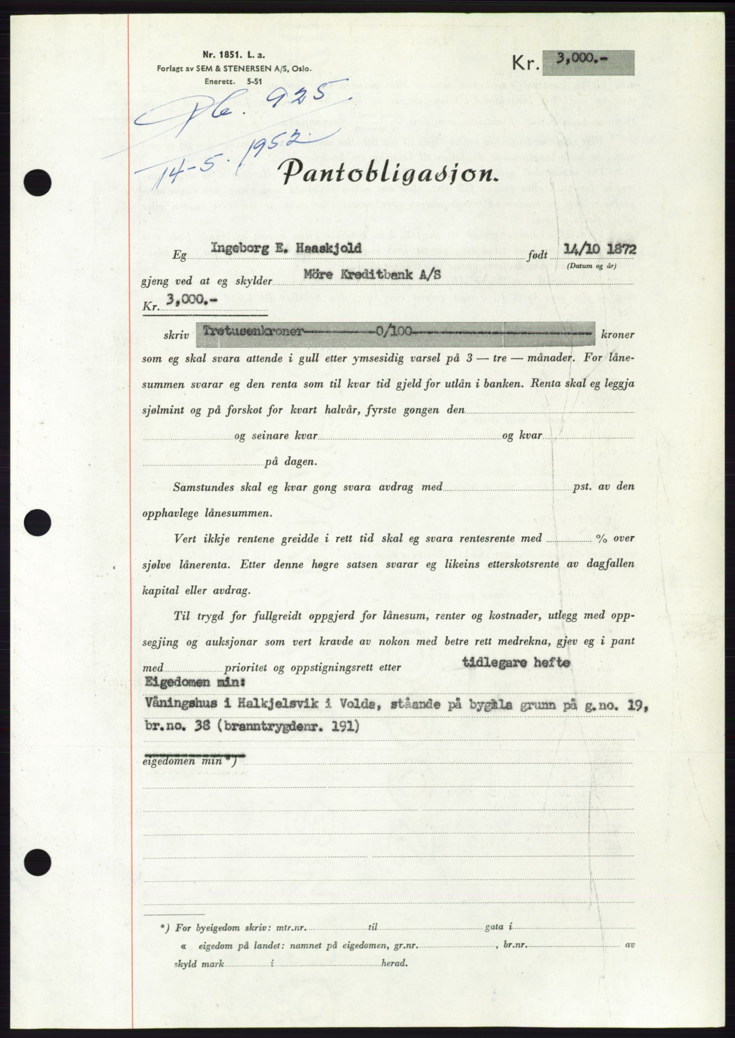 Søre Sunnmøre sorenskriveri, AV/SAT-A-4122/1/2/2C/L0121: Pantebok nr. 9B, 1951-1952, Dagboknr: 925/1952