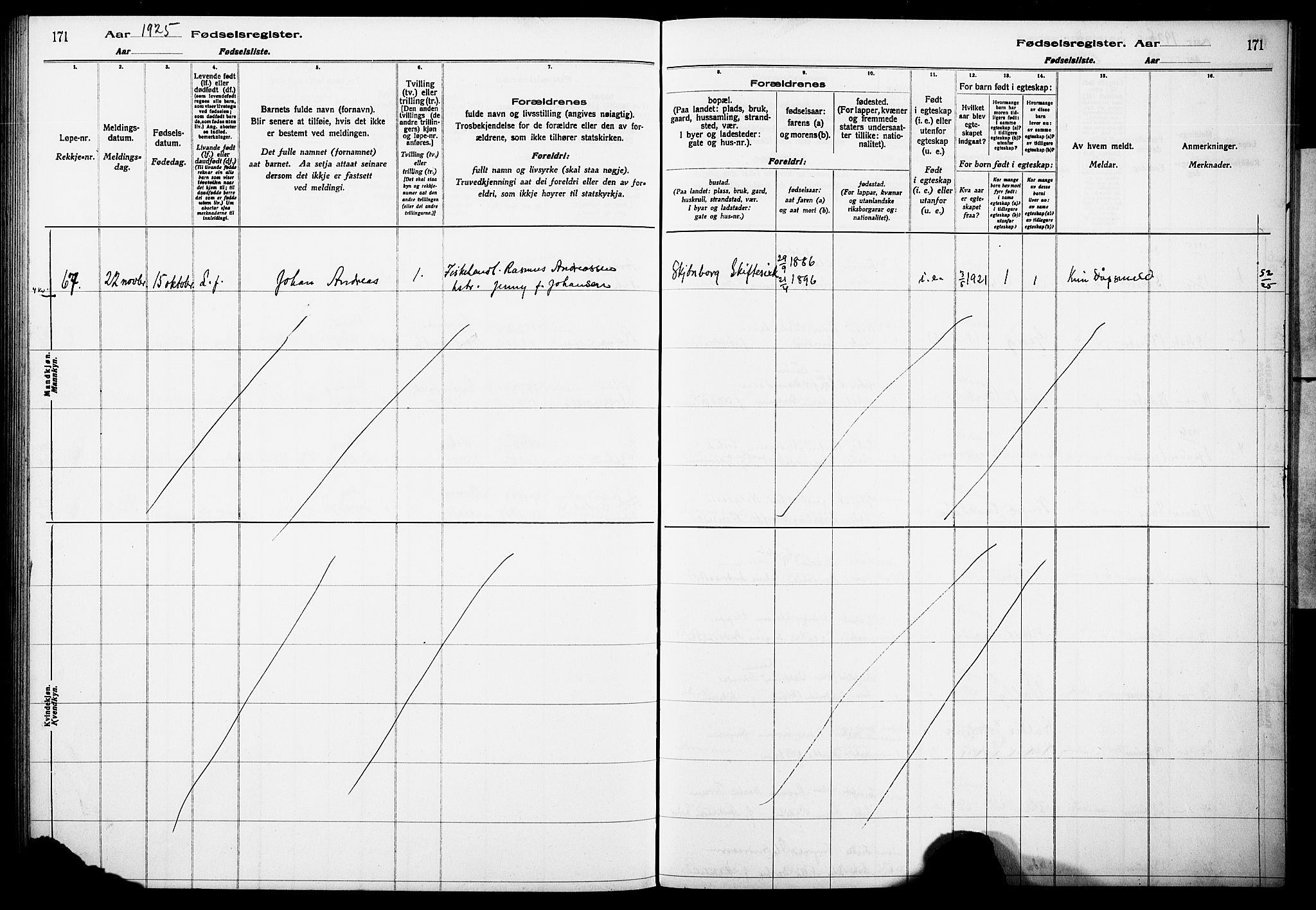 Askøy Sokneprestembete, SAB/A-74101/I/Id/L00A1: Fødselsregister nr. A 1, 1916-1928, s. 171