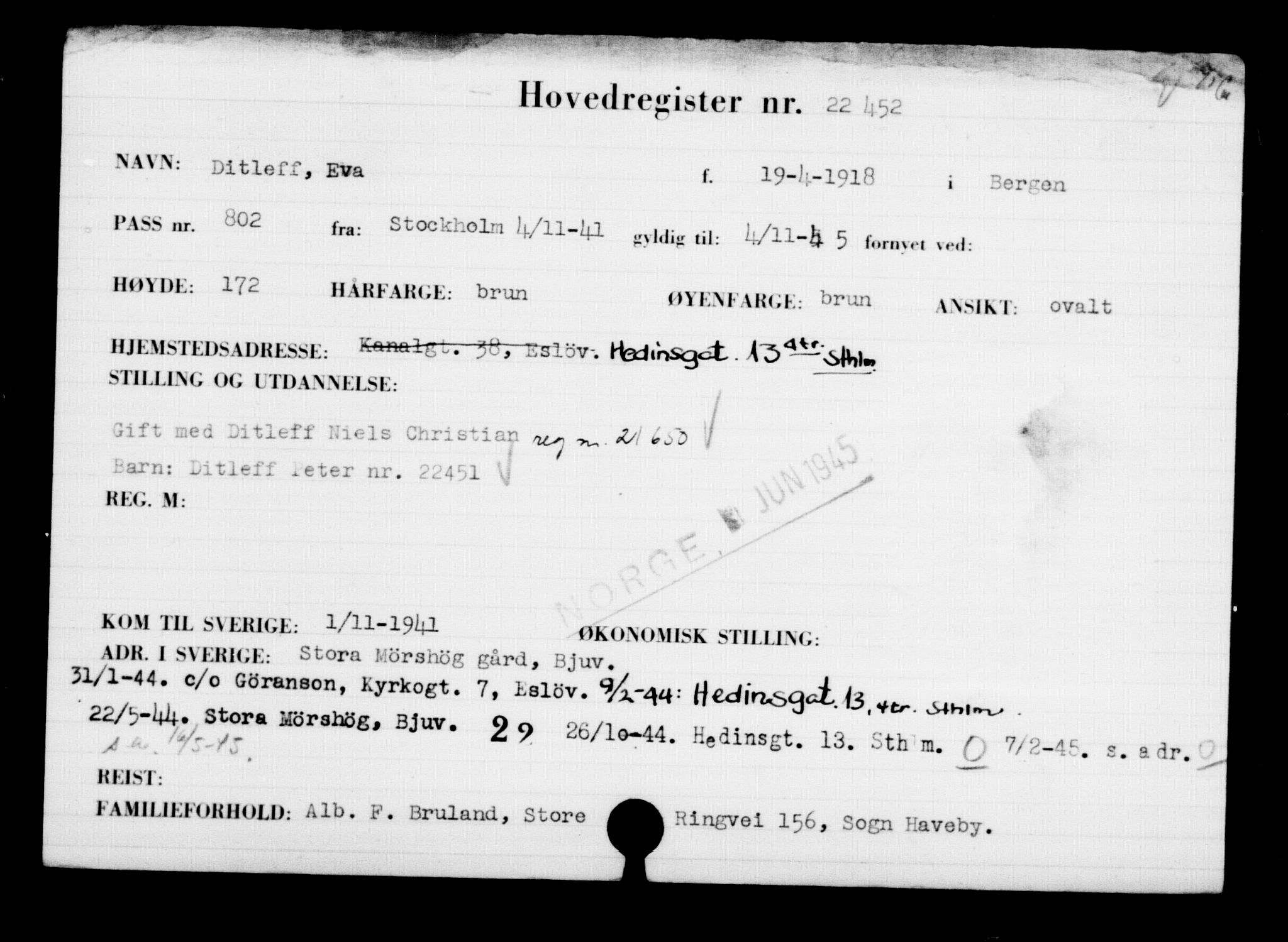 Utenriksstasjonene, Legasjonen i Stockholm, Flyktningkontoret, AV/RA-S-6753/V/Va/L0010: Kjesäterkartoteket, flyktninger med registreringsnr. 22000-25314, 1940-1945, s. 503