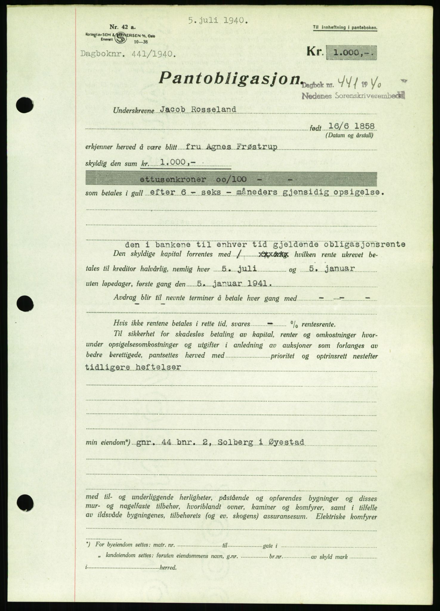 Nedenes sorenskriveri, SAK/1221-0006/G/Gb/Gbb/L0001: Pantebok nr. I, 1939-1942, Dagboknr: 441/1940