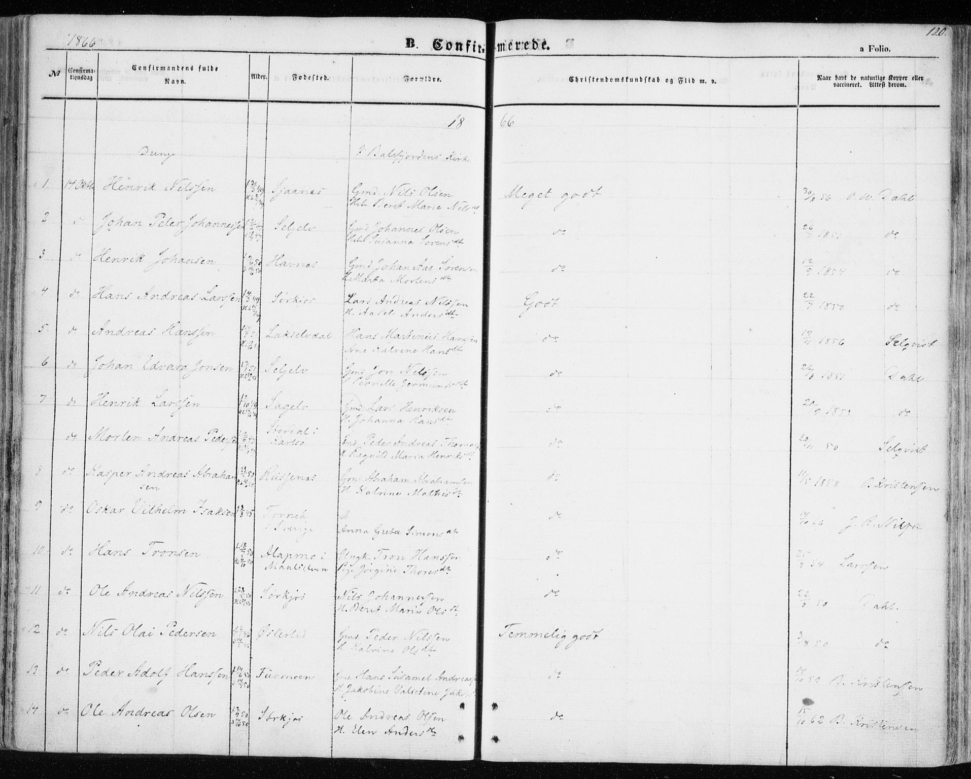 Balsfjord sokneprestembete, AV/SATØ-S-1303/G/Gaa/L0003kirke: Ministerialbok nr. 3, 1856-1870, s. 120