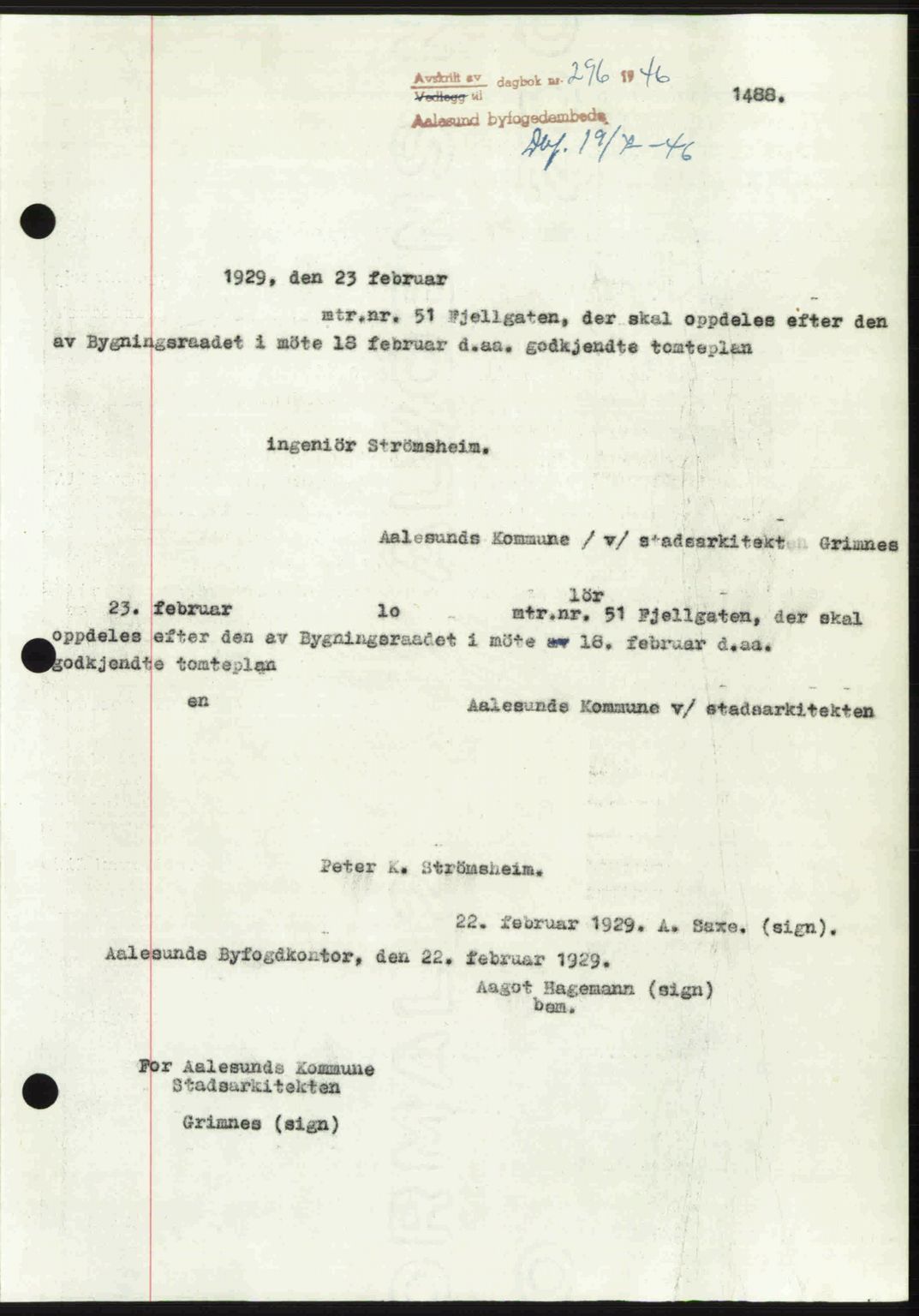 Ålesund byfogd, SAT/A-4384: Pantebok nr. 36b, 1946-1947, Dagboknr: 296/1946